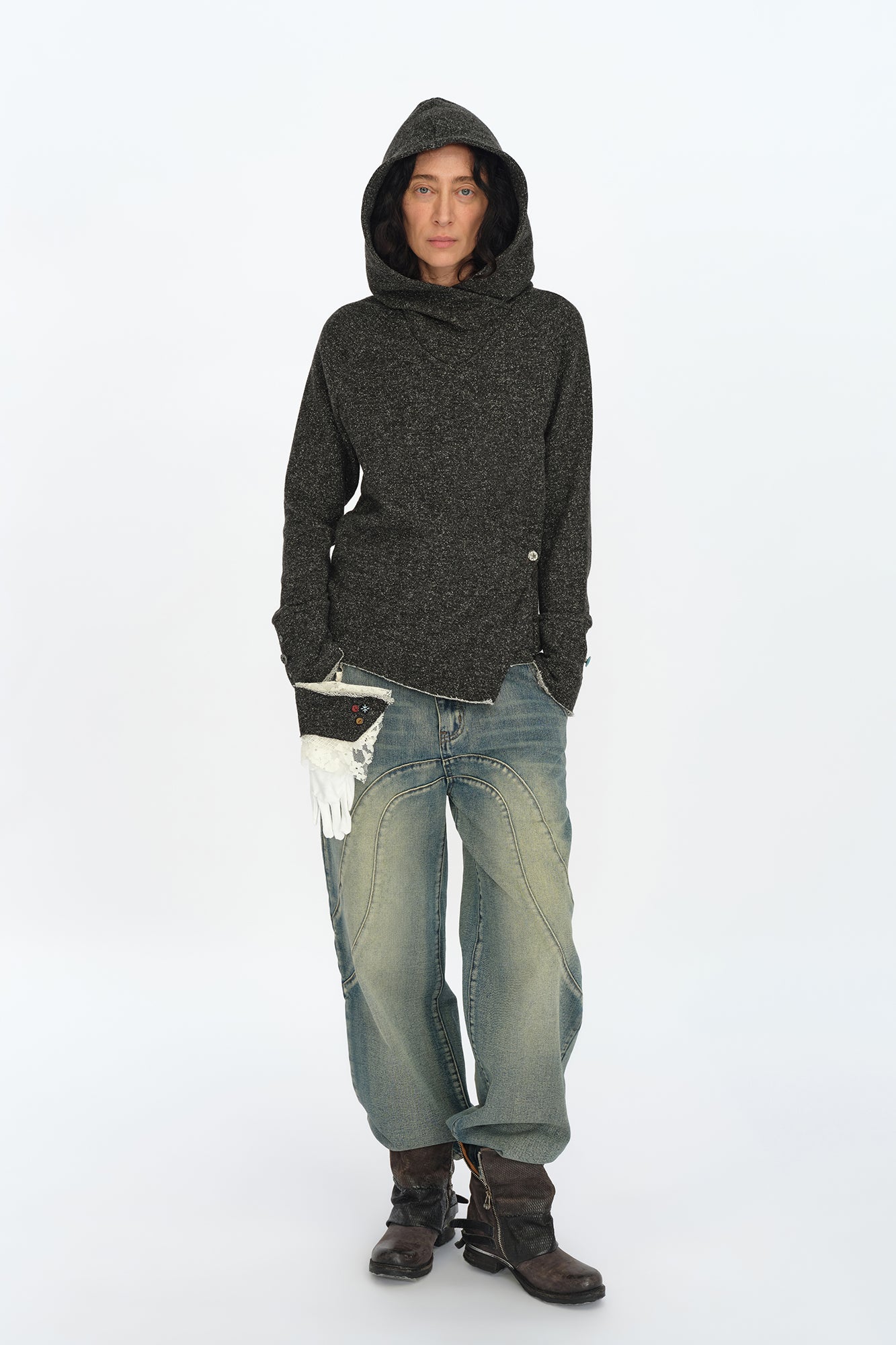 OINIMI Asymmetrical Cinched Speckled Hoodie