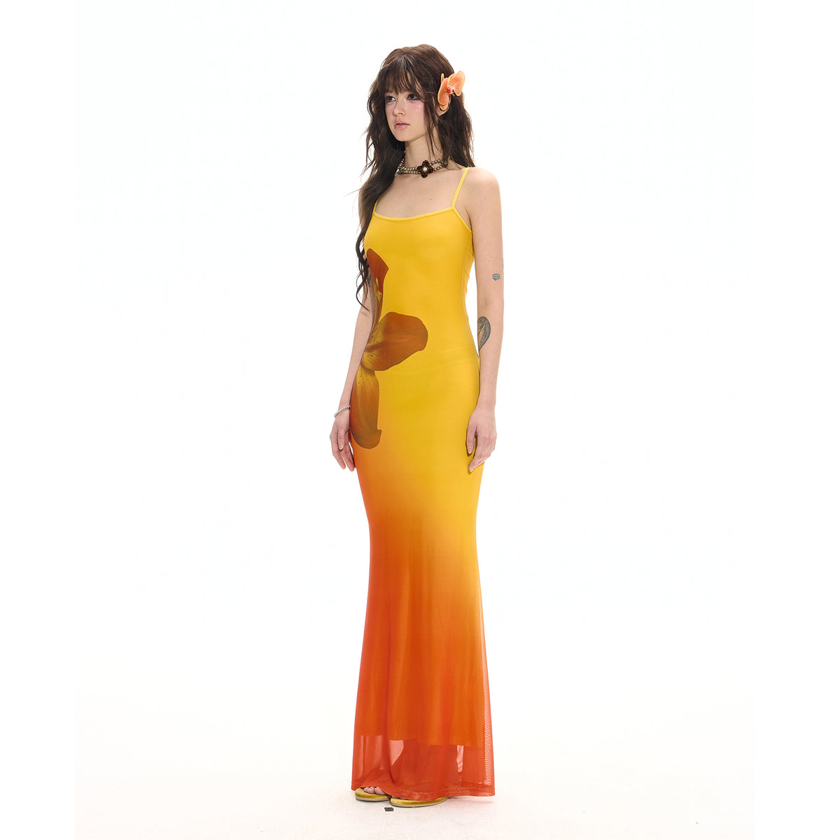 HIIMDAI Floral Gradient Ruched Mermaid Dress