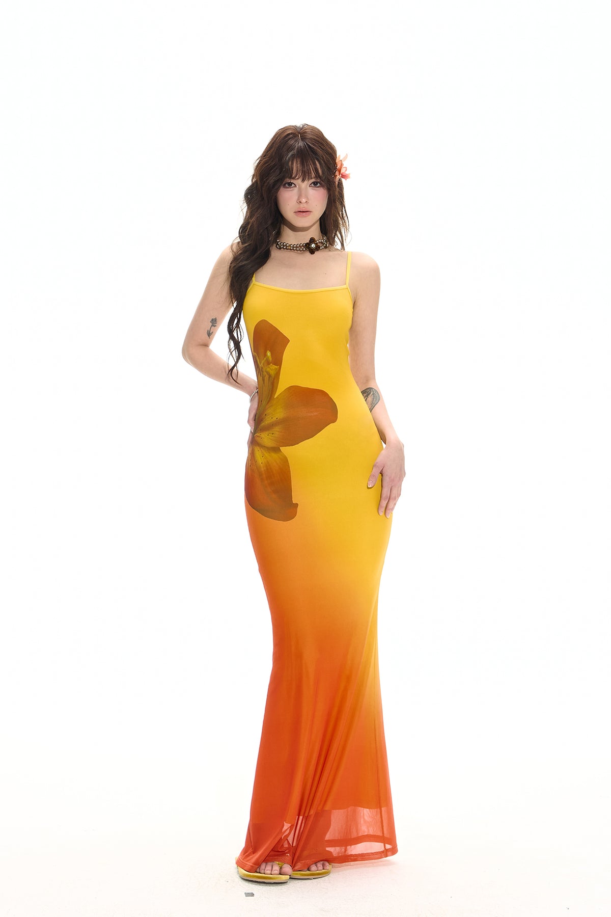 HIIMDAI Floral Gradient Ruched Mermaid Dress