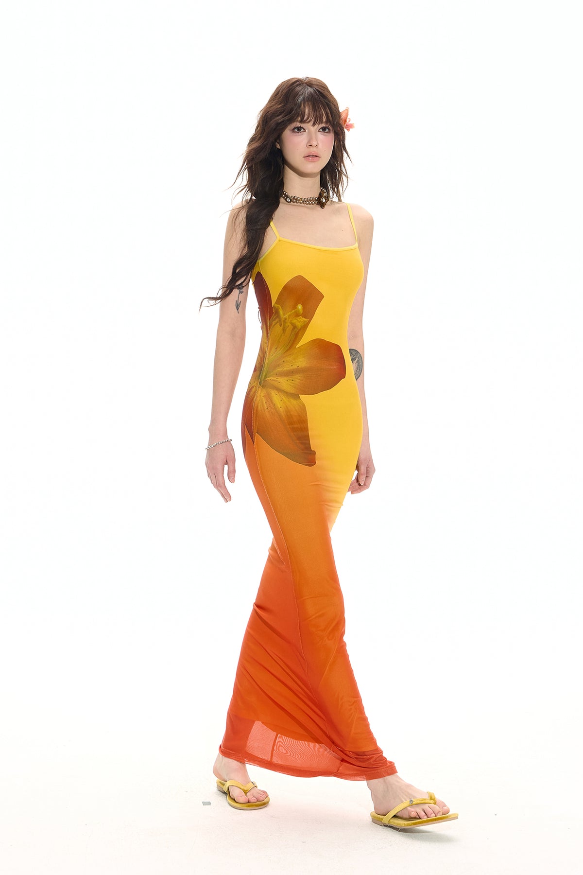 HIIMDAI Floral Gradient Ruched Mermaid Dress