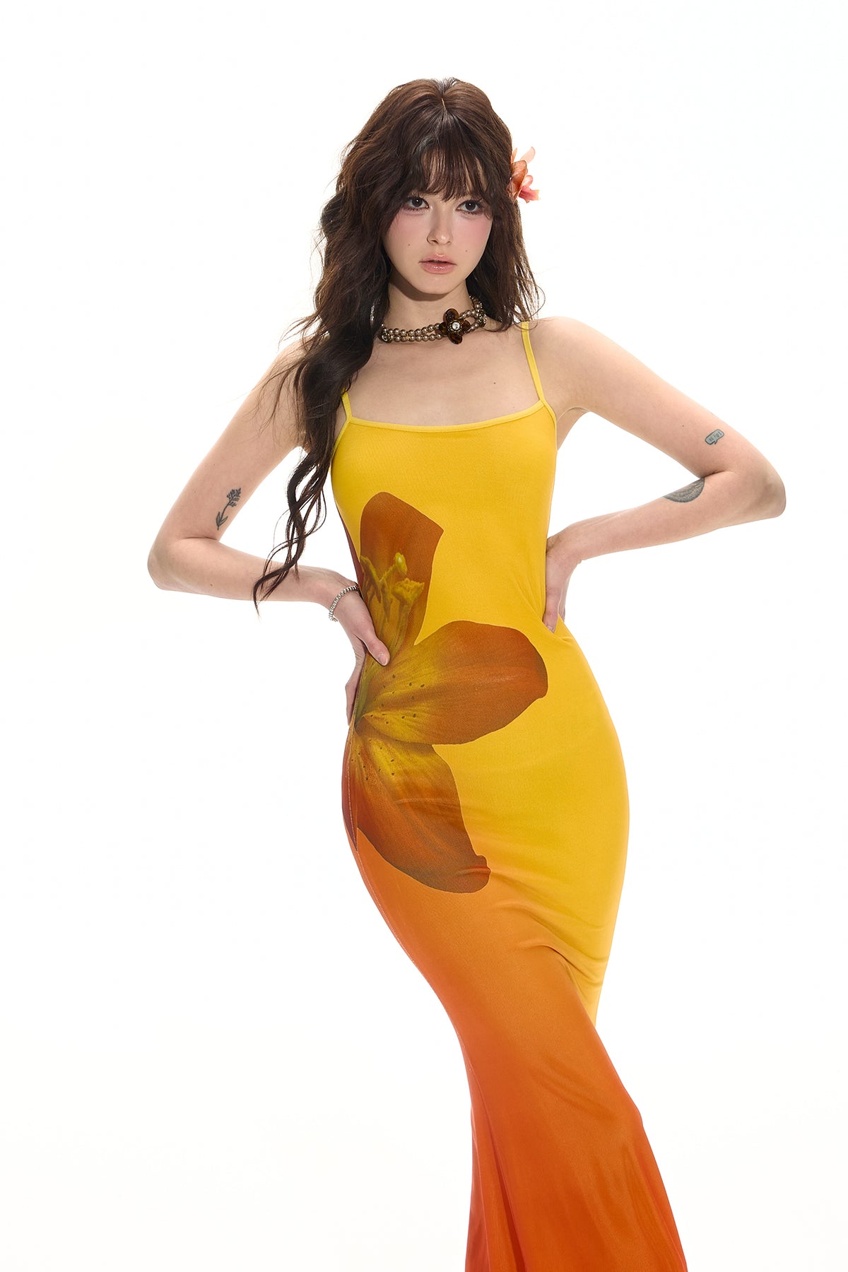 HIIMDAI Floral Gradient Ruched Mermaid Dress