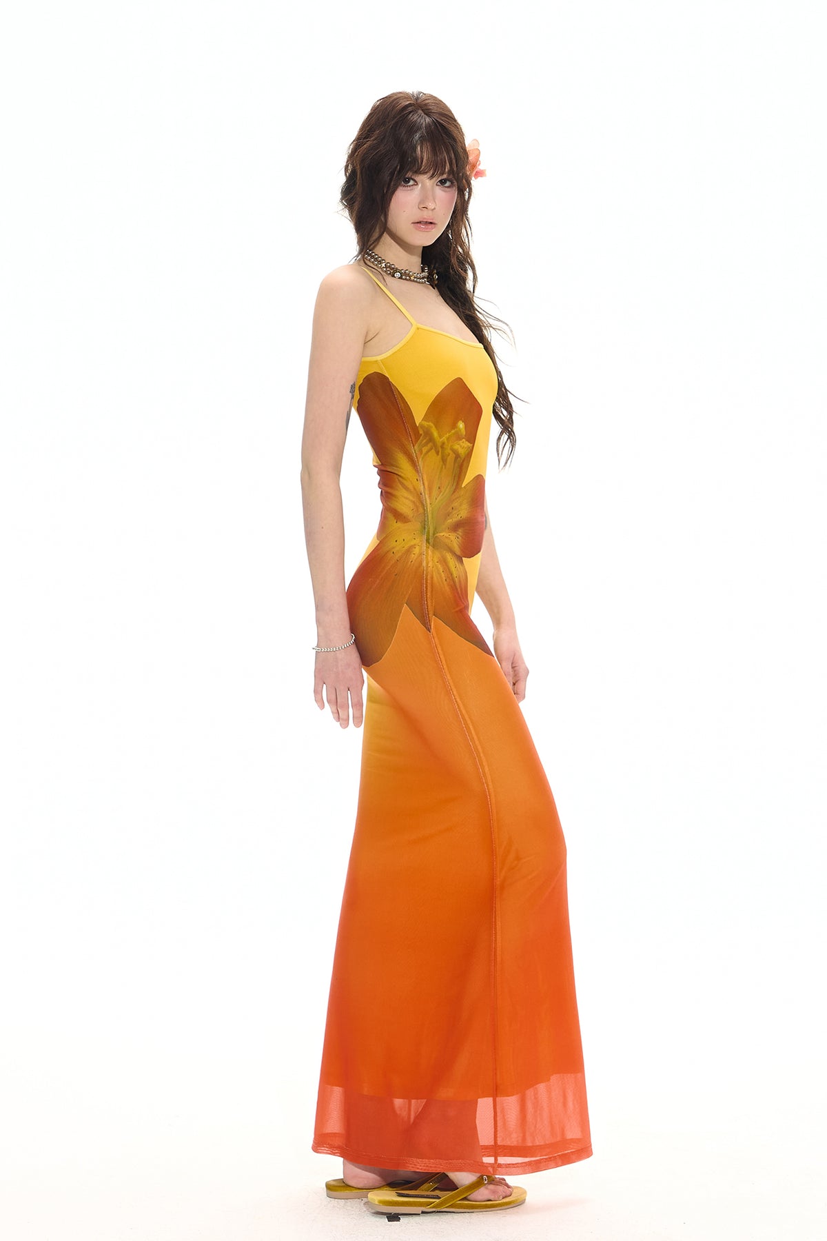 HIIMDAI Floral Gradient Ruched Mermaid Dress