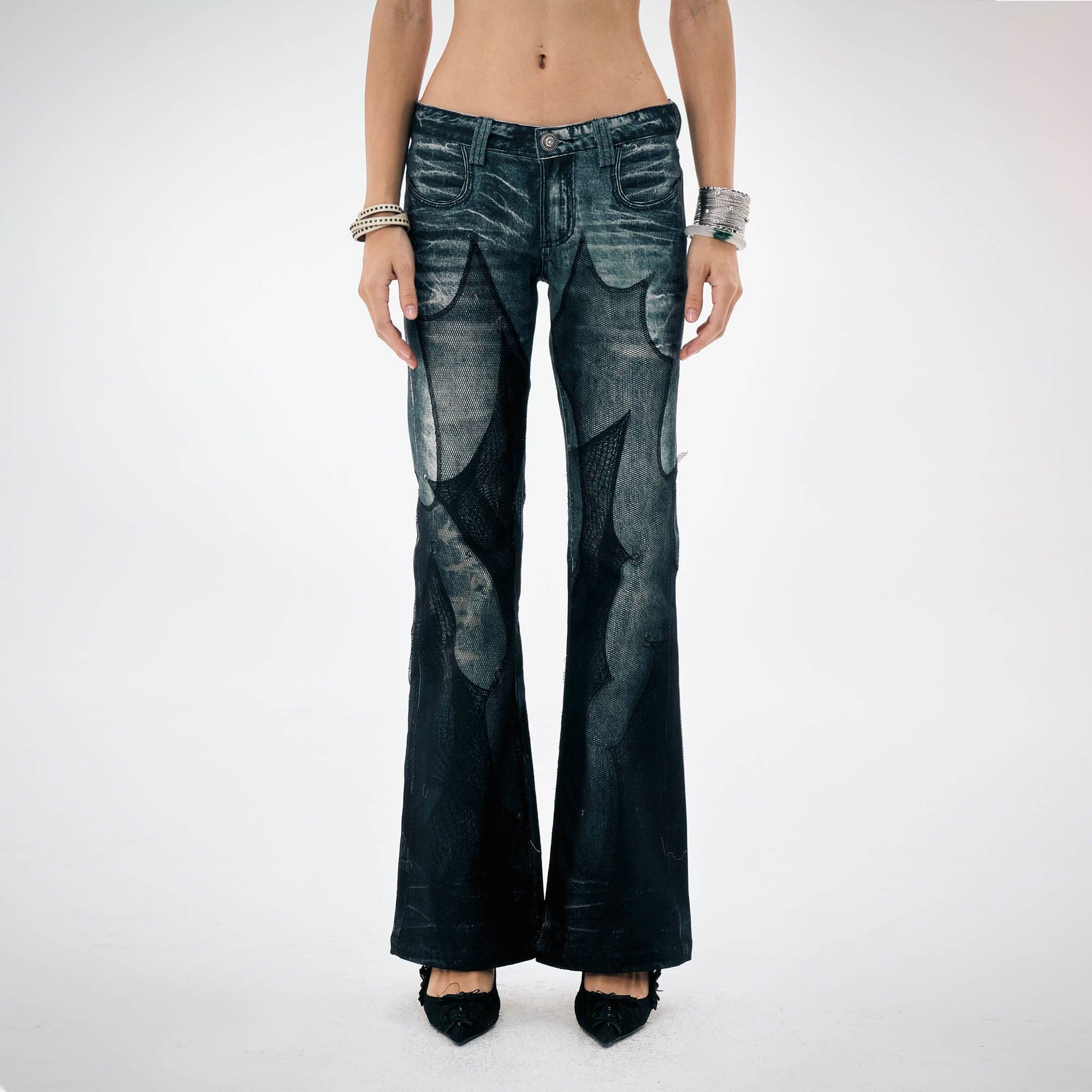 DND4DES×Faychui Mesh-Panelled Washed Flared Jeans, premium urban and streetwear designers apparel on PROJECTISR.com, DND4DES