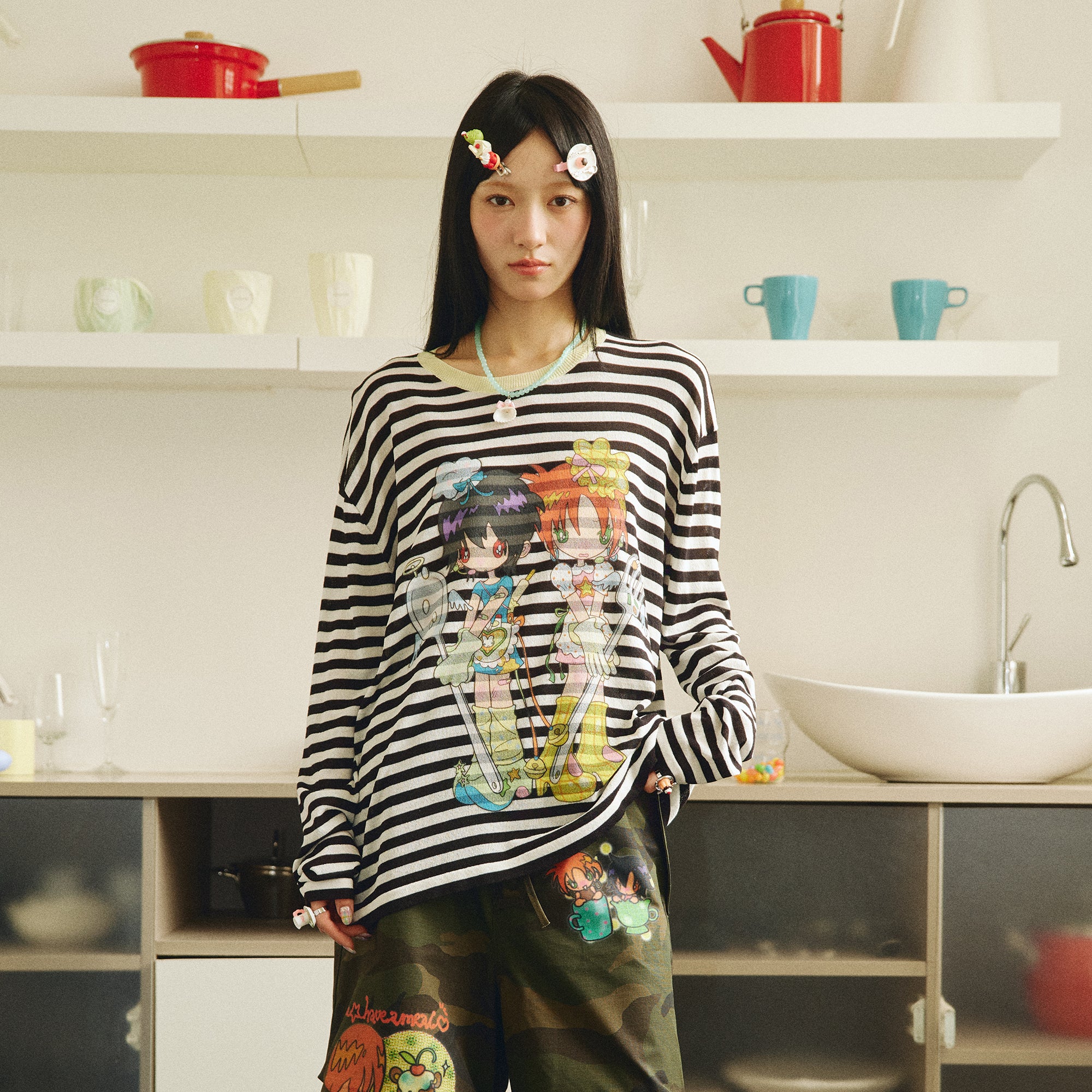 HAVEAMEAL x Sunonebird Retro Striped Illustrated Knit Pullover