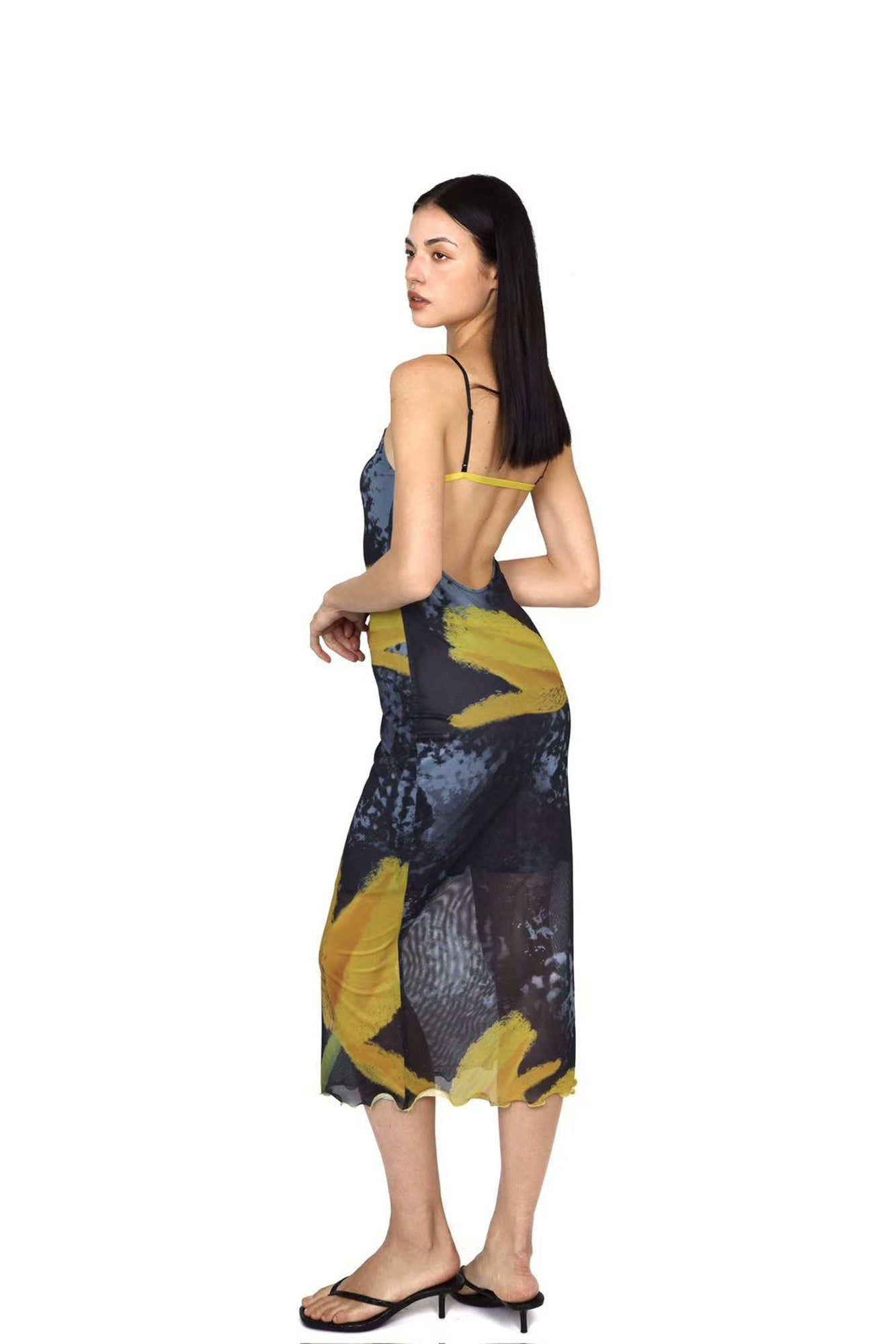 SCARLET SAGE Tulip Full-Print Mesh Open-Back Slip Dress