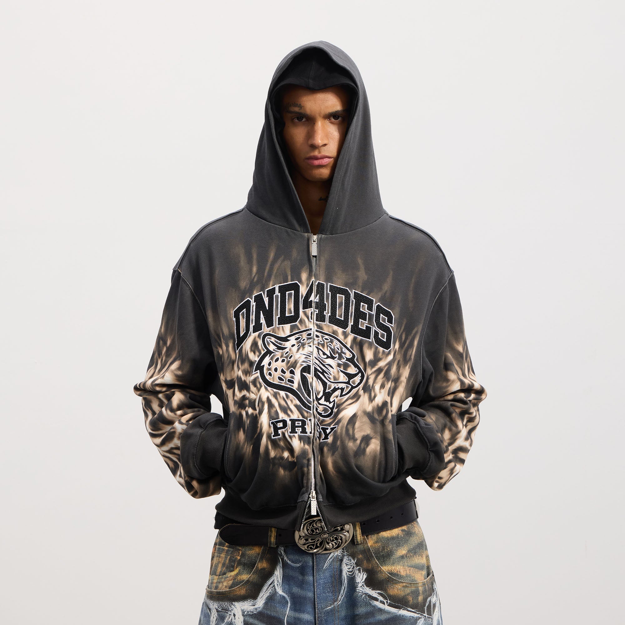 DND4DES Tiger Embroidered Zip-Up Hoodie