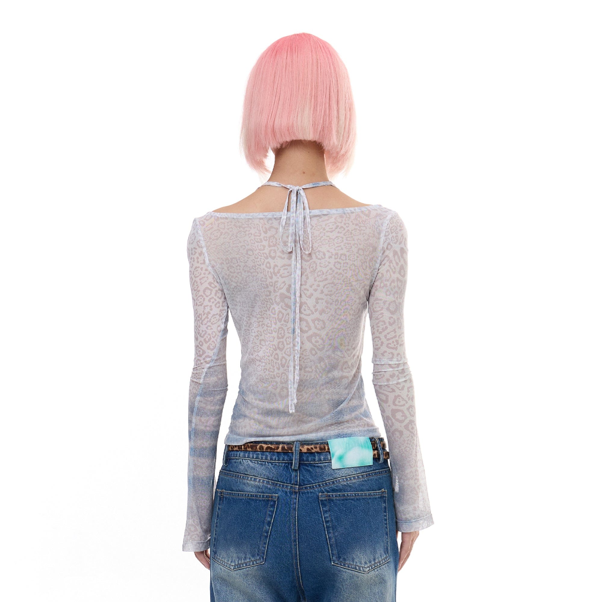 FAYCHUI Layered Leopard Mesh Long Sleeve Top
