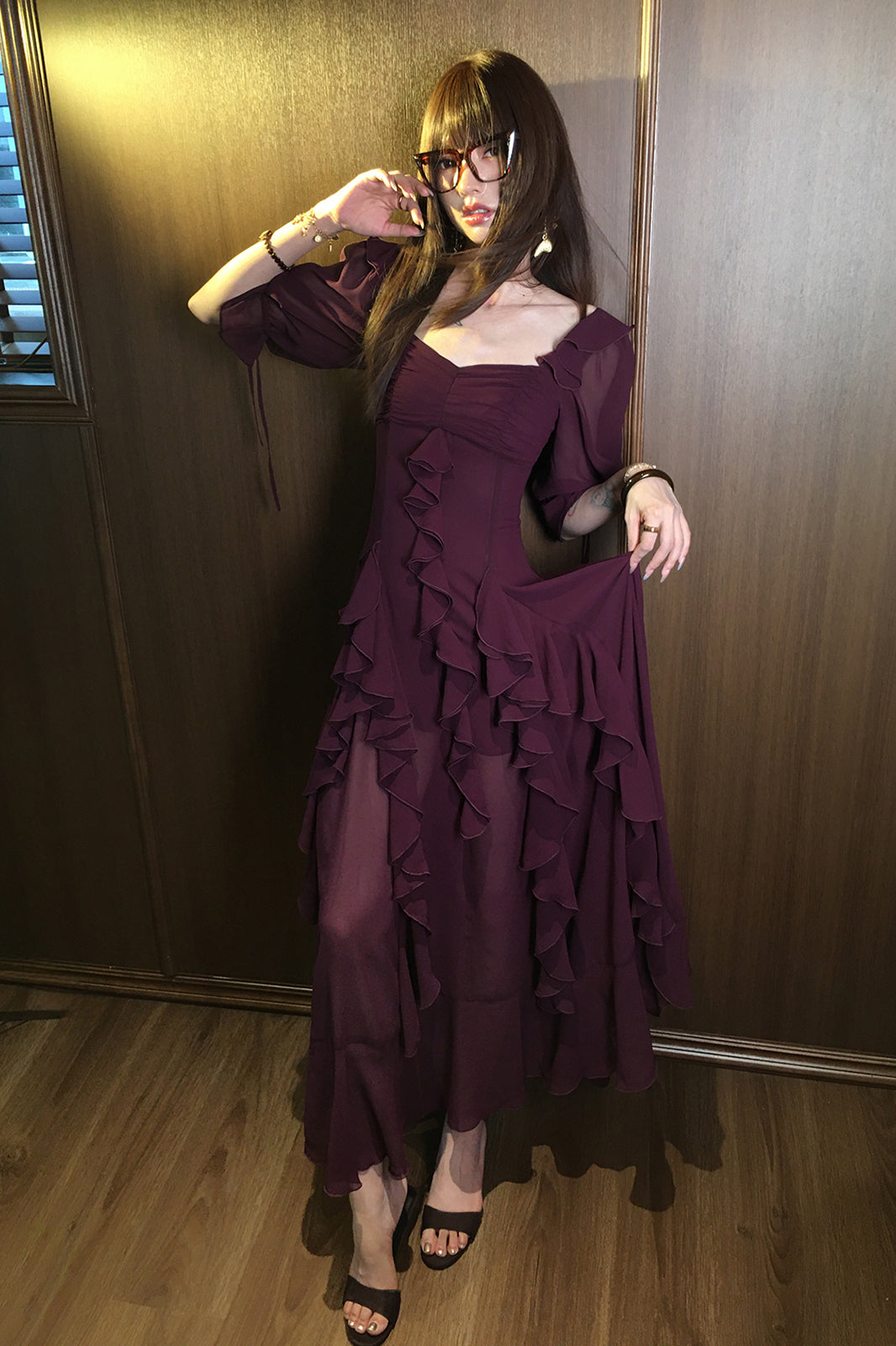 MXU Ruched Cascading-Ruffle Maxi Dress