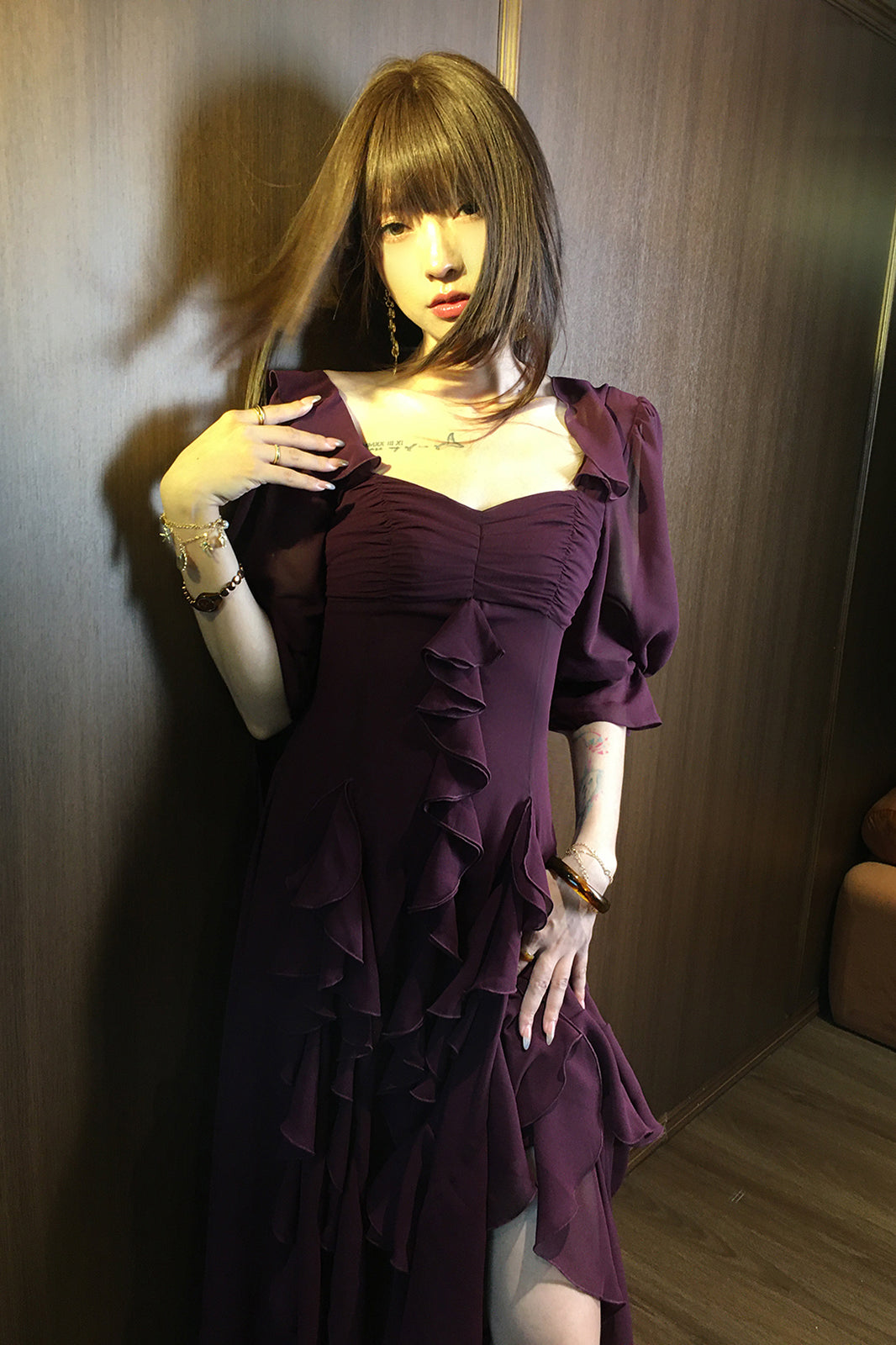 MXU Ruched Cascading-Ruffle Maxi Dress