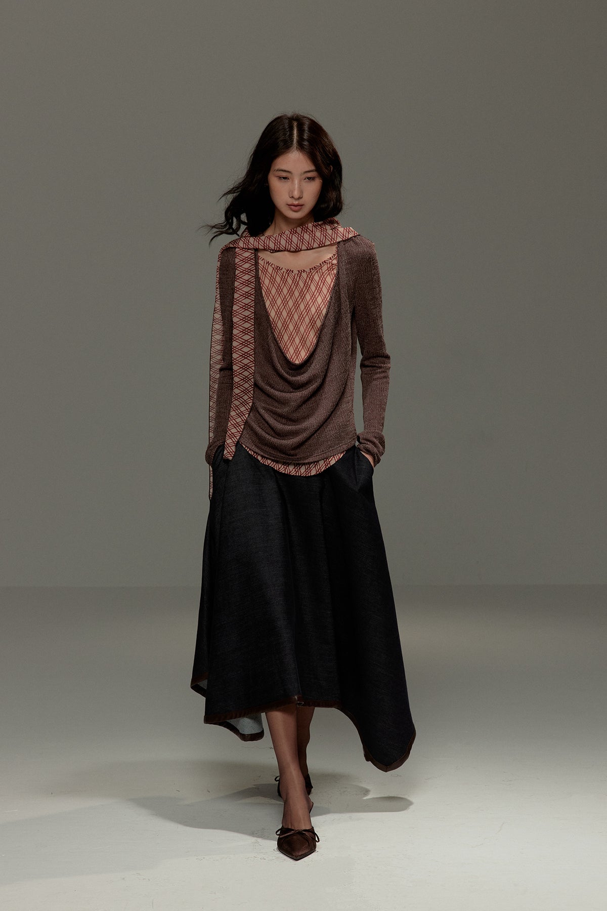 LVETONG Layered Plaid Scarf-Tie Cowl Long-Sleeve Tee