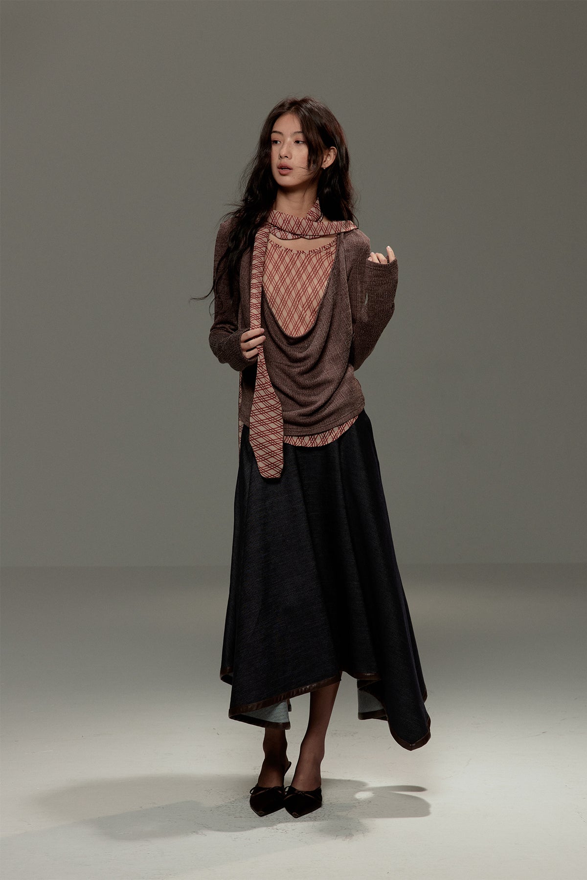 LVETONG Layered Plaid Scarf-Tie Cowl Long-Sleeve Tee