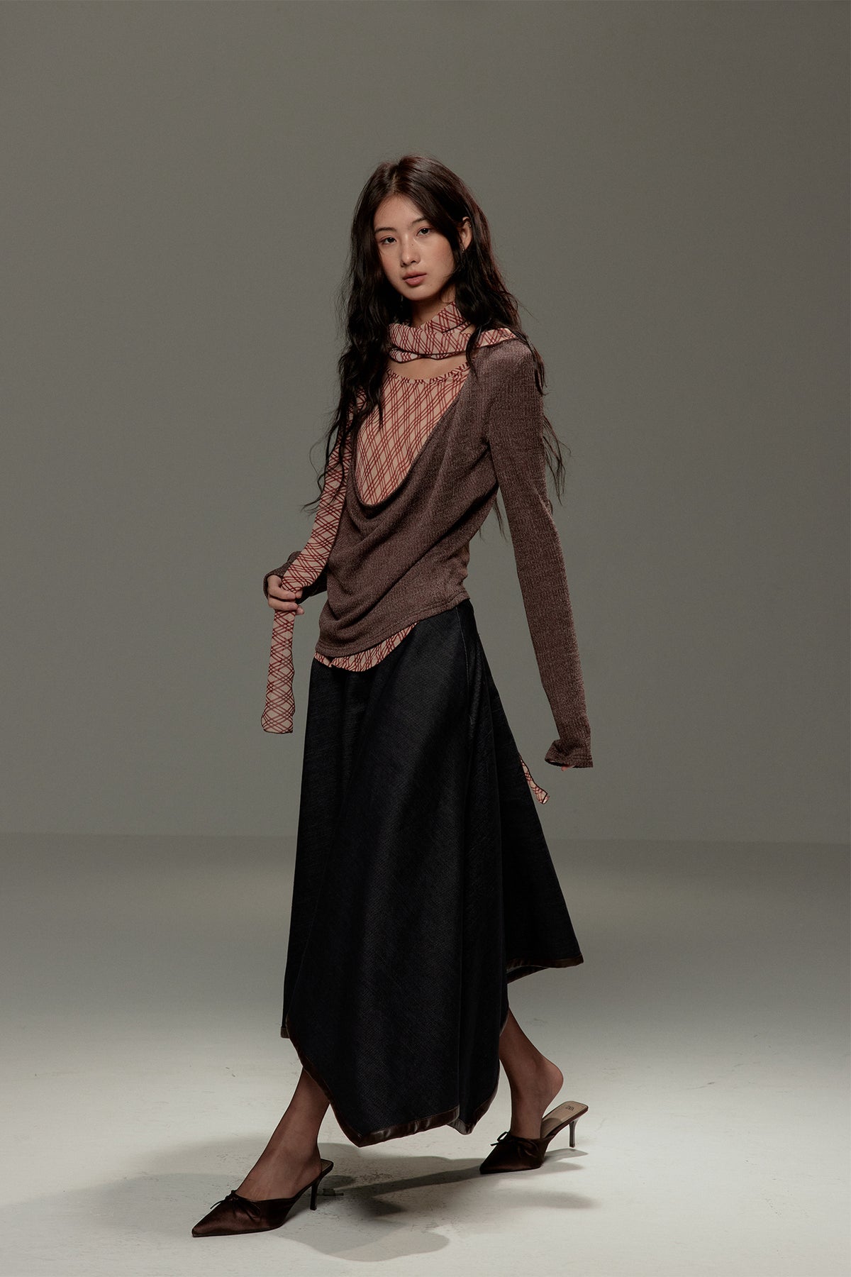 LVETONG Layered Plaid Scarf-Tie Cowl Long-Sleeve Tee