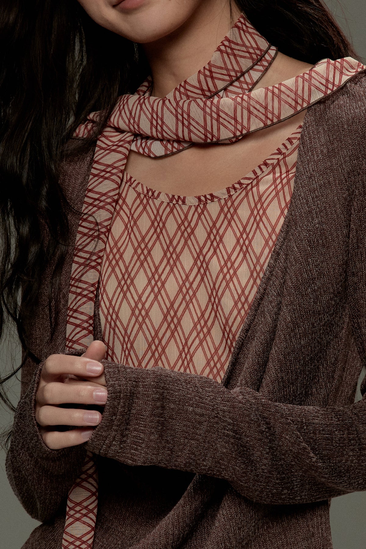 LVETONG Layered Plaid Scarf-Tie Cowl Long-Sleeve Tee