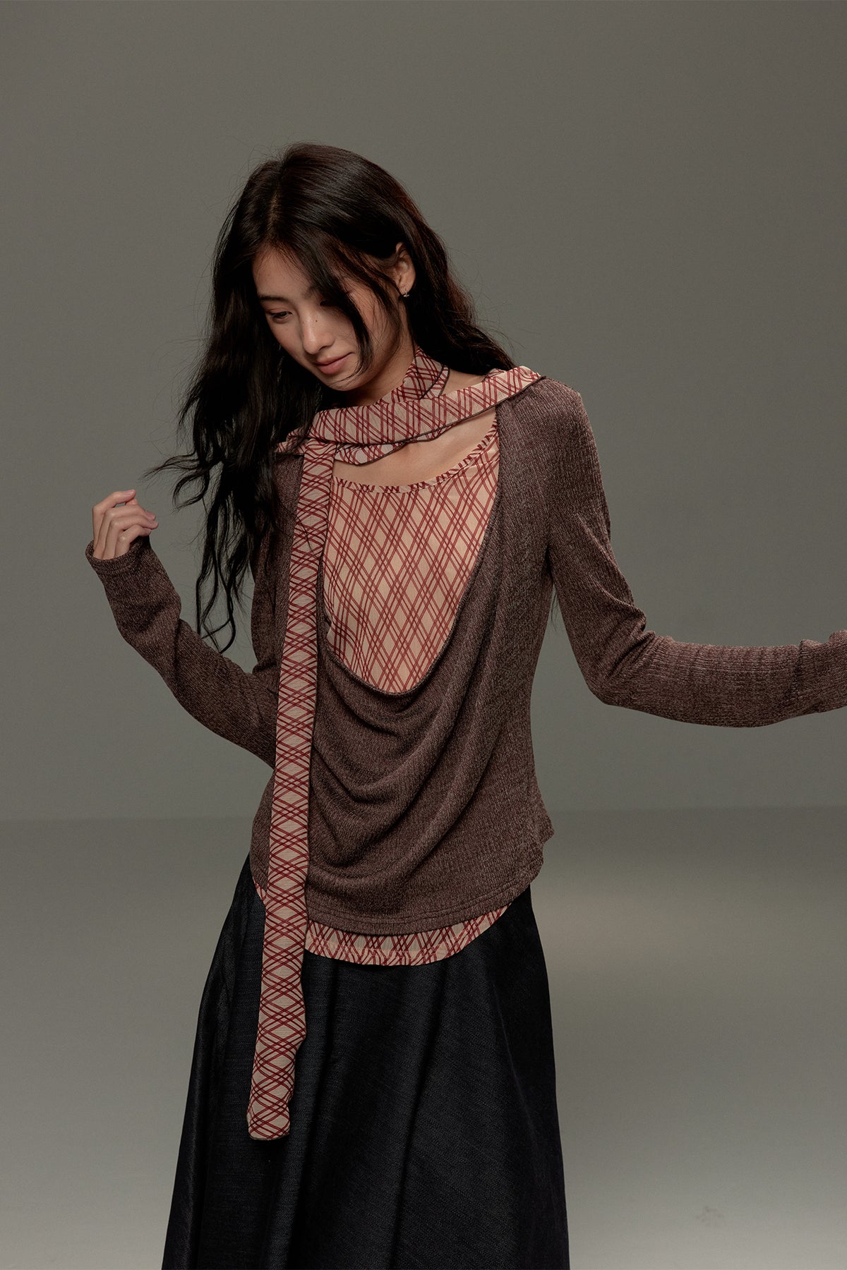 LVETONG Layered Plaid Scarf-Tie Cowl Long-Sleeve Tee