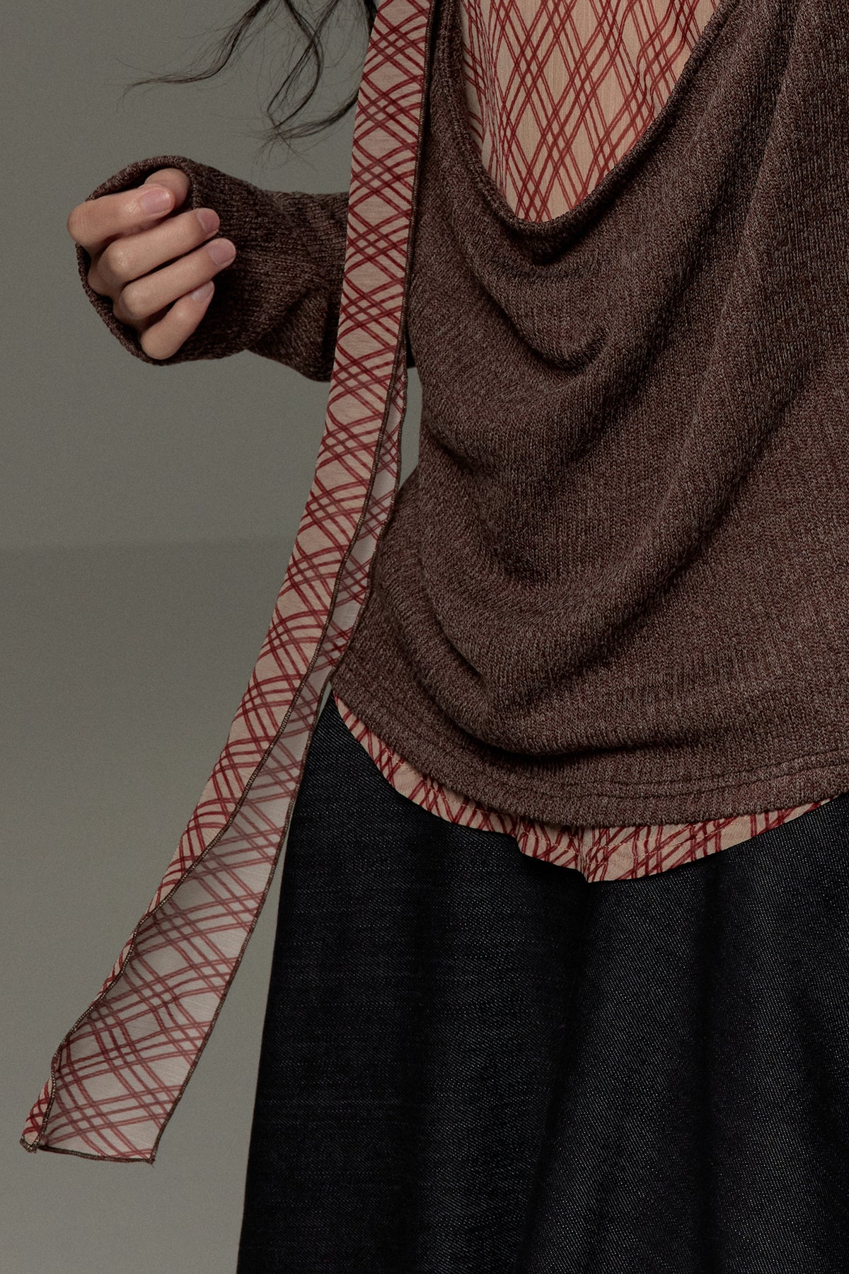 LVETONG Layered Plaid Scarf-Tie Cowl Long-Sleeve Tee