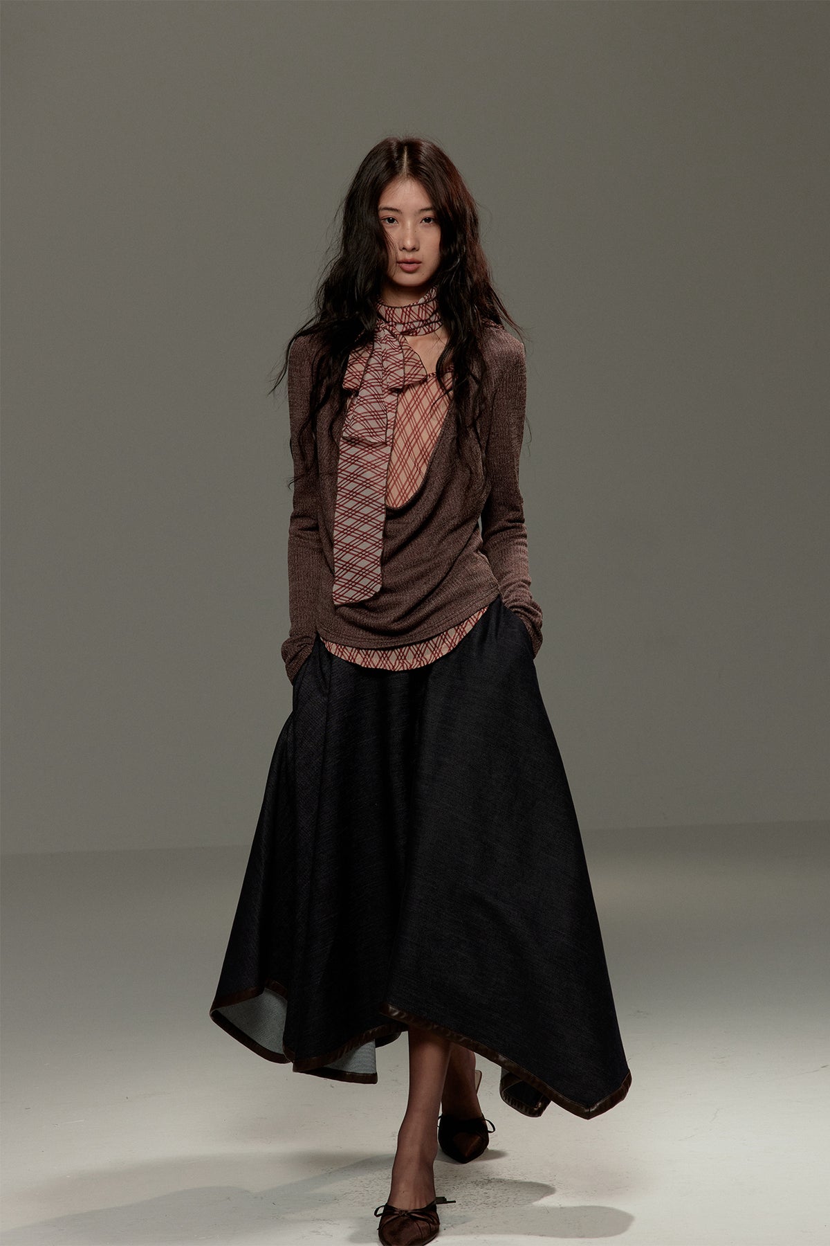 LVETONG Layered Plaid Scarf-Tie Cowl Long-Sleeve Tee