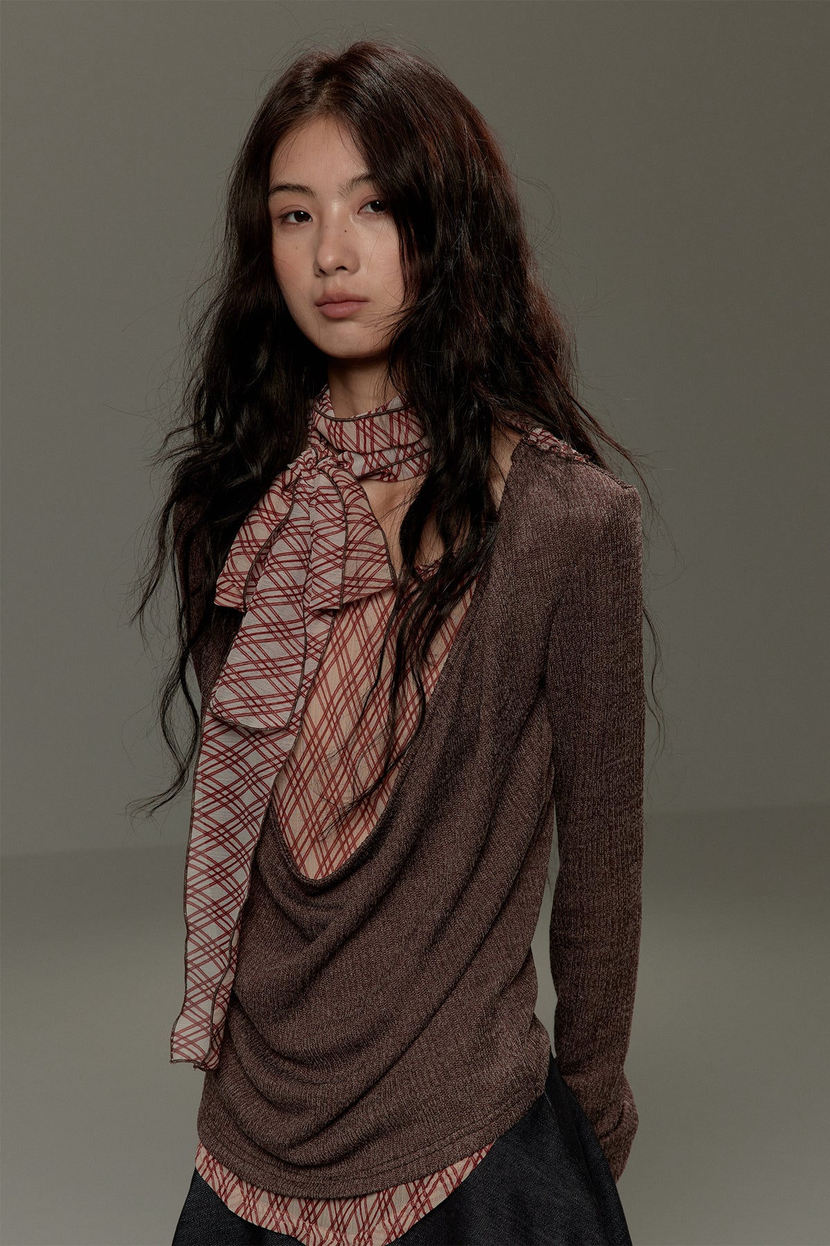 LVETONG Layered Plaid Scarf-Tie Cowl Long-Sleeve Tee