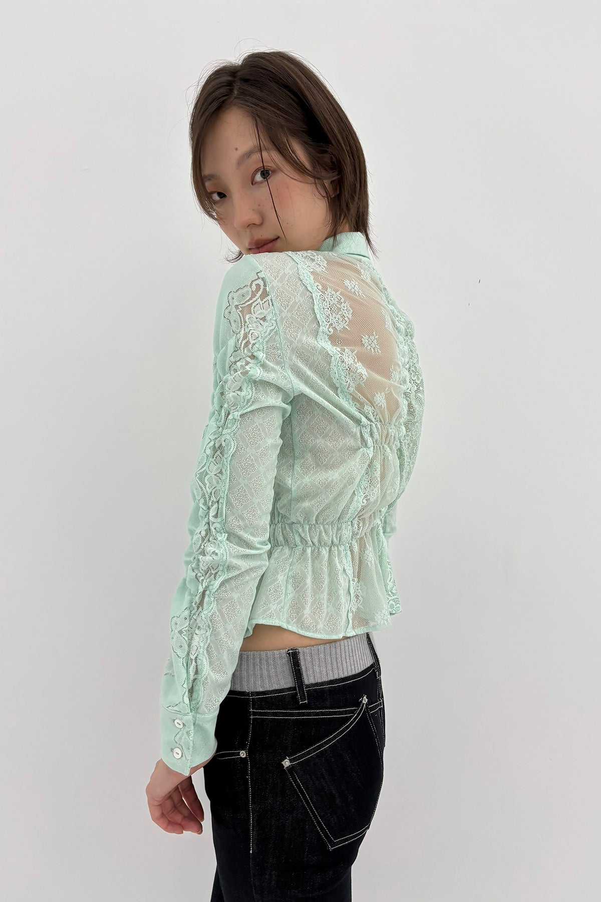 9266 STUDIO Retro Gathered Lace Asymmetrical Shirt