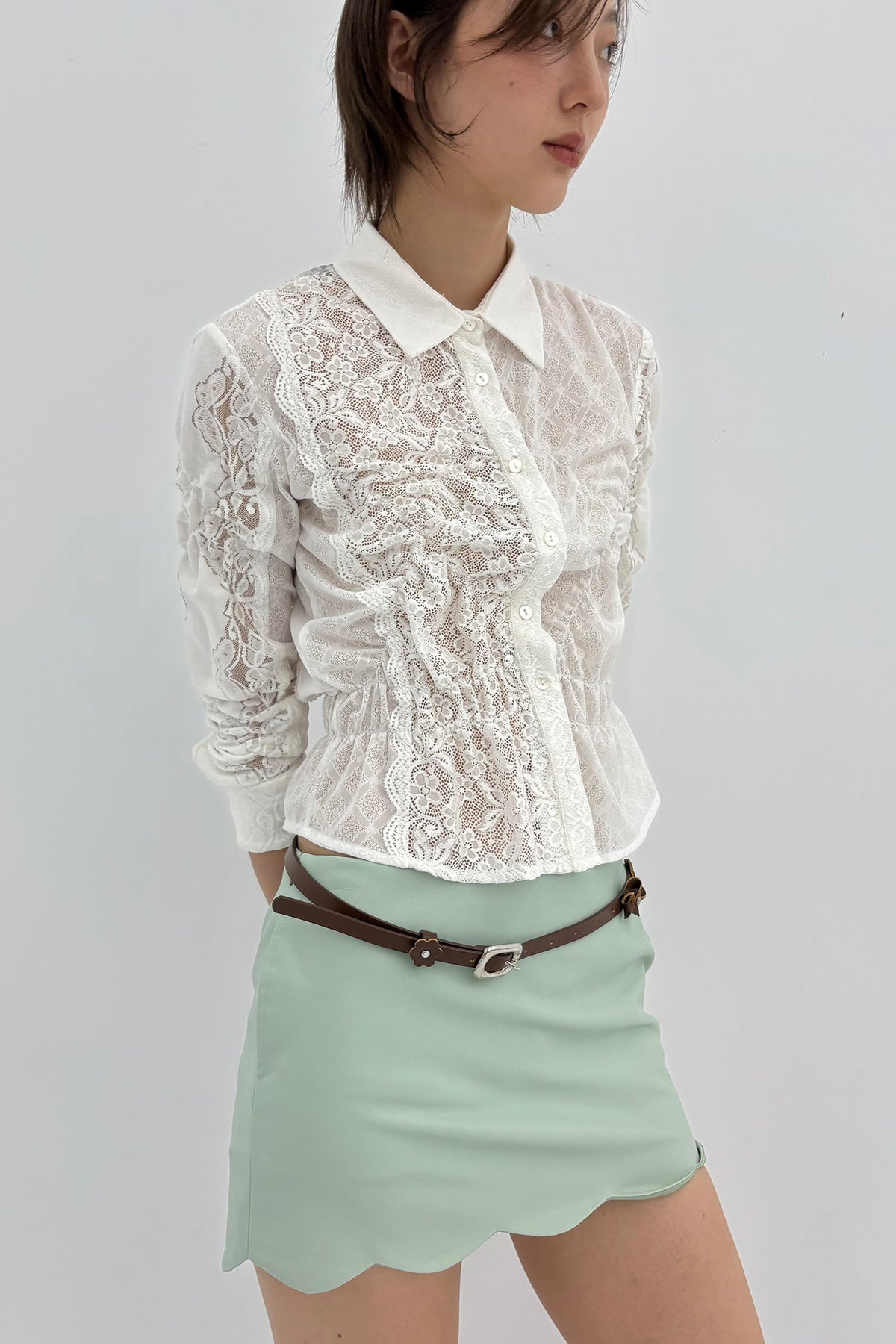 9266 STUDIO Retro Gathered Lace Asymmetrical Shirt