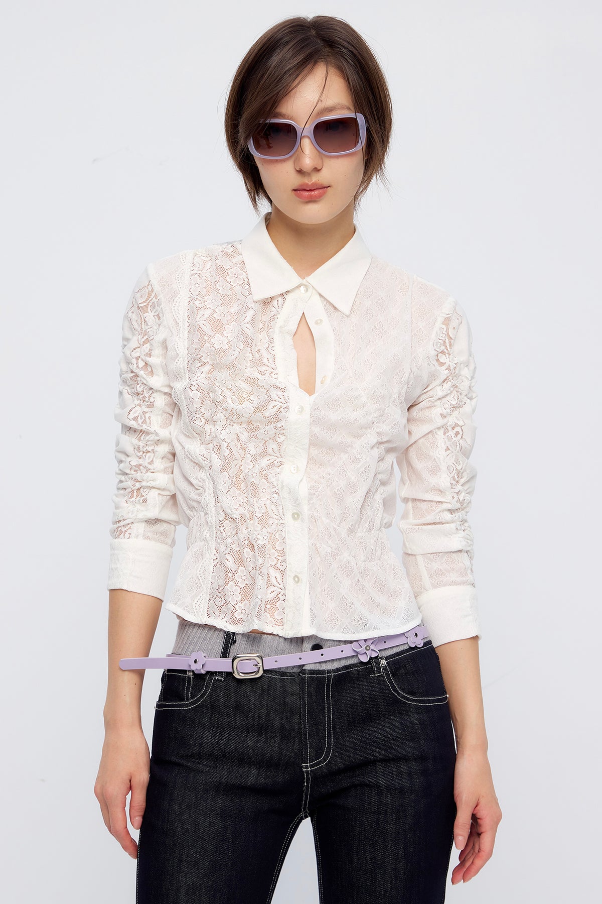 9266 STUDIO Retro Gathered Lace Asymmetrical Shirt