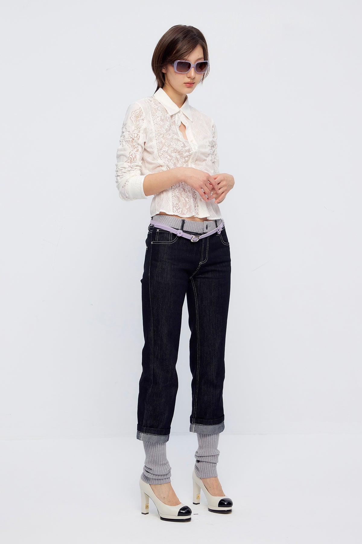9266 STUDIO Retro Gathered Lace Asymmetrical Shirt