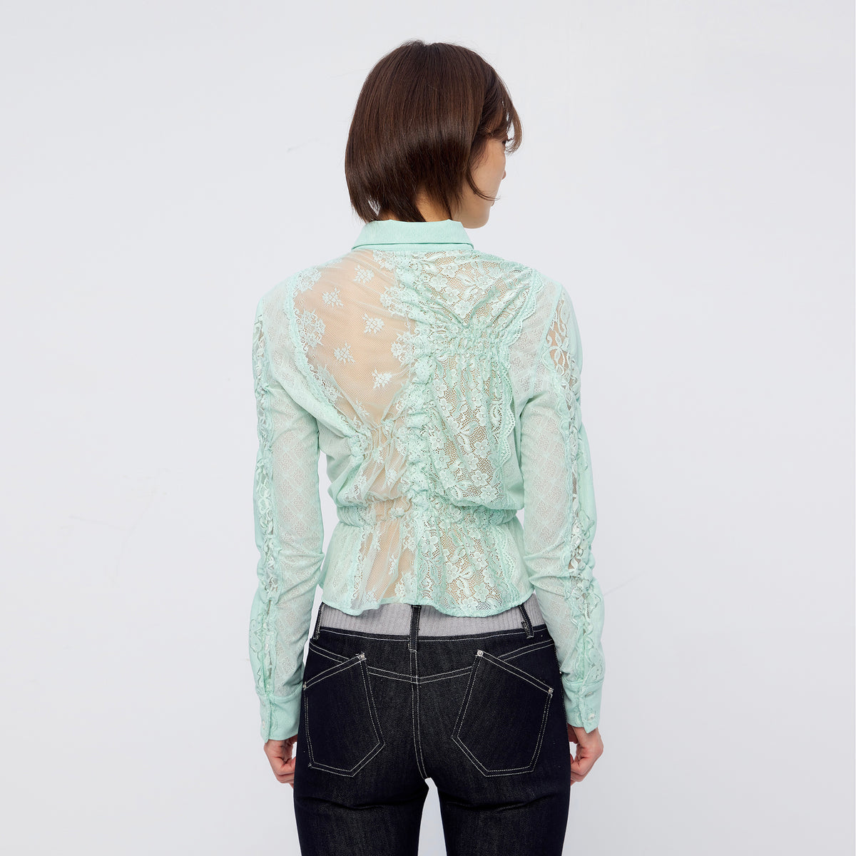 9266 STUDIO Retro Gathered Lace Asymmetrical Shirt