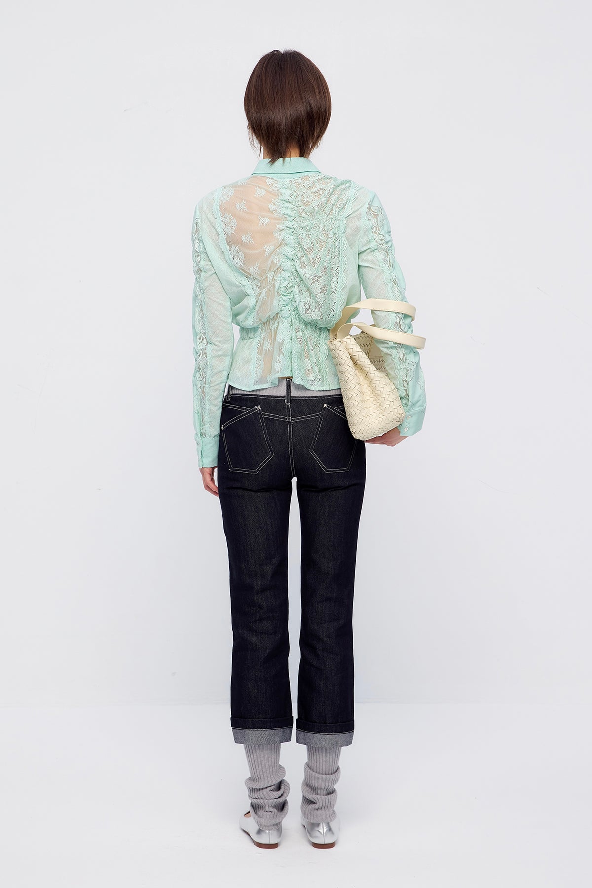 9266 STUDIO Retro Gathered Lace Asymmetrical Shirt