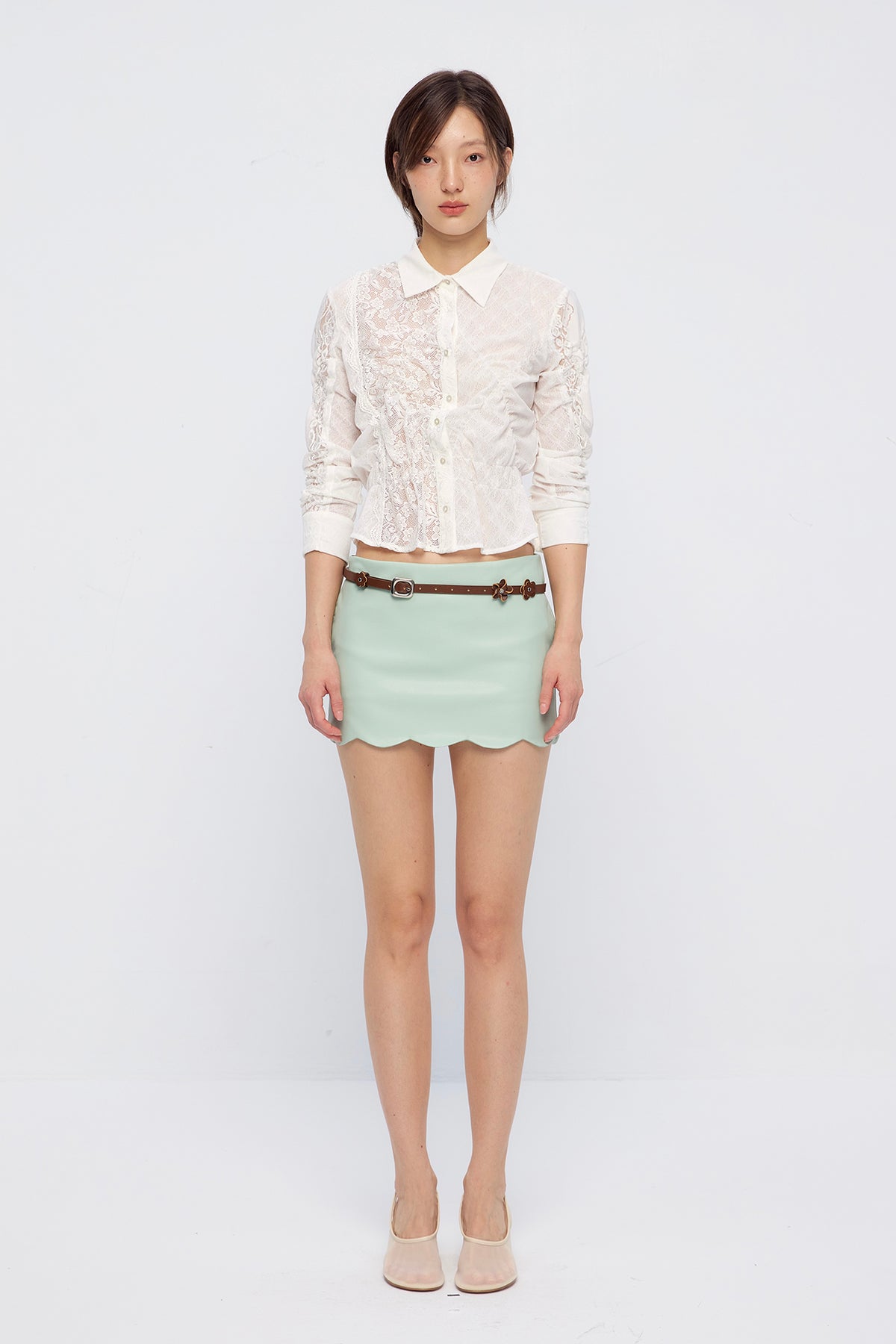 9266 STUDIO Retro Gathered Lace Asymmetrical Shirt