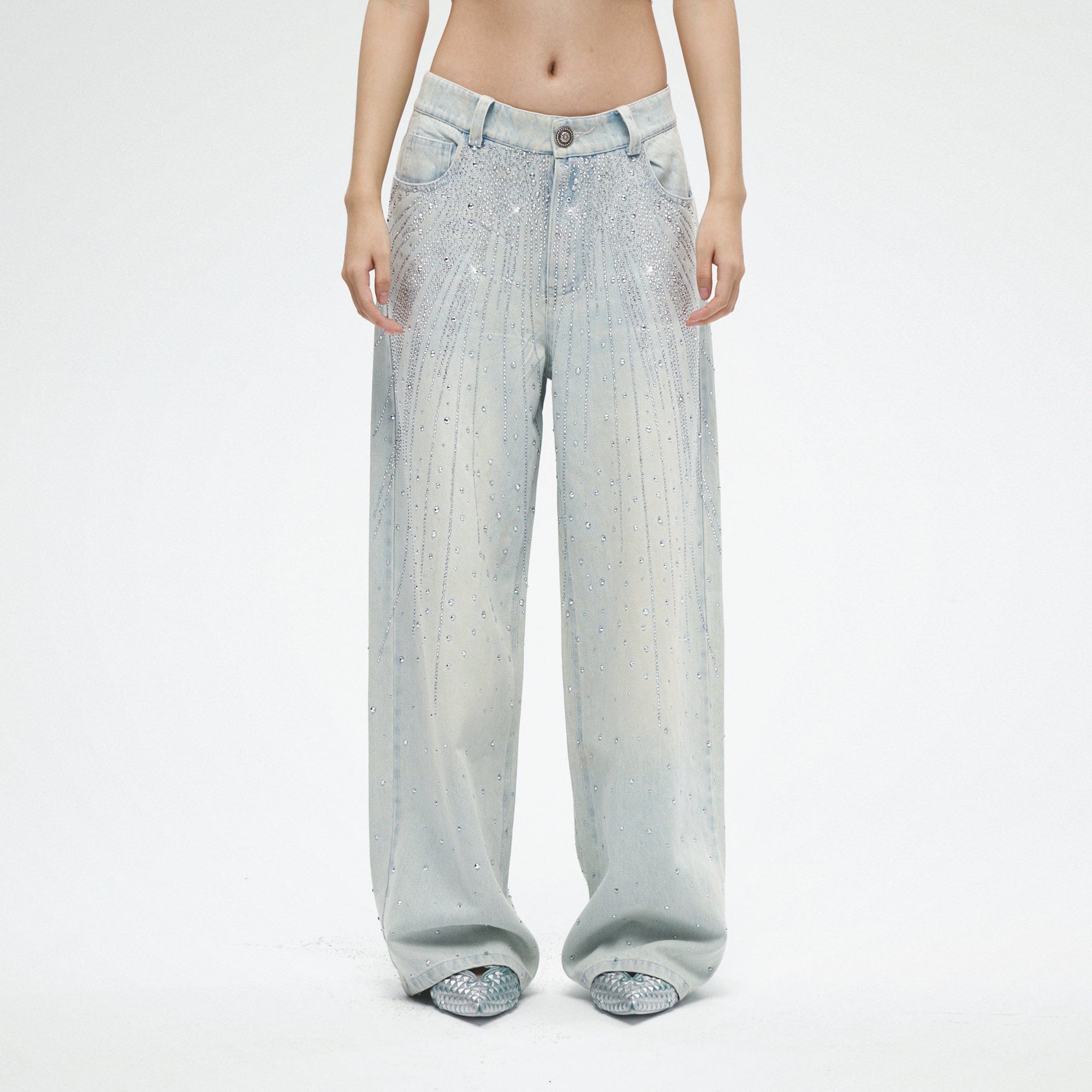 FAYCHUI Sparkly Diamond Denim Pants Light Blue