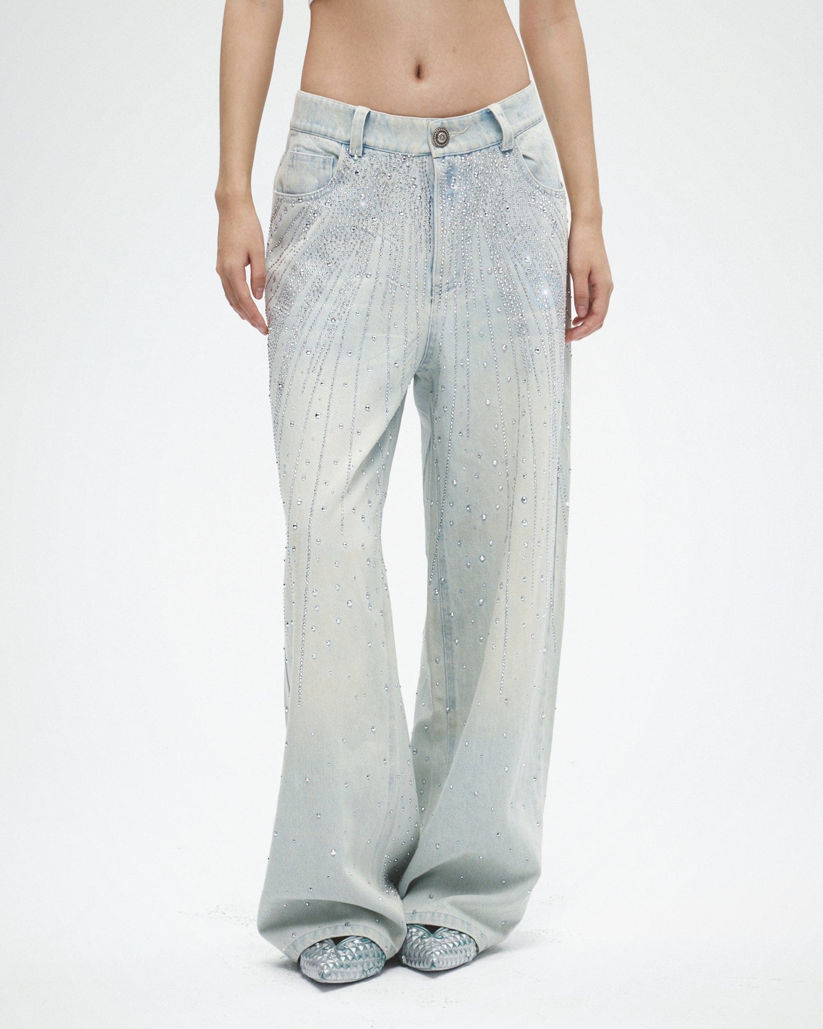 FAYCHUI Sparkly Diamond Denim Pants Light Blue
