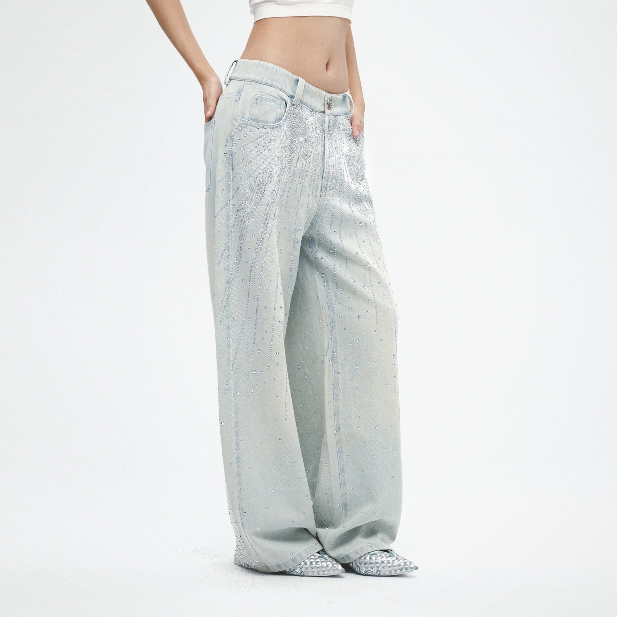 FAYCHUI Sparkly Diamond Denim Pants Light Blue