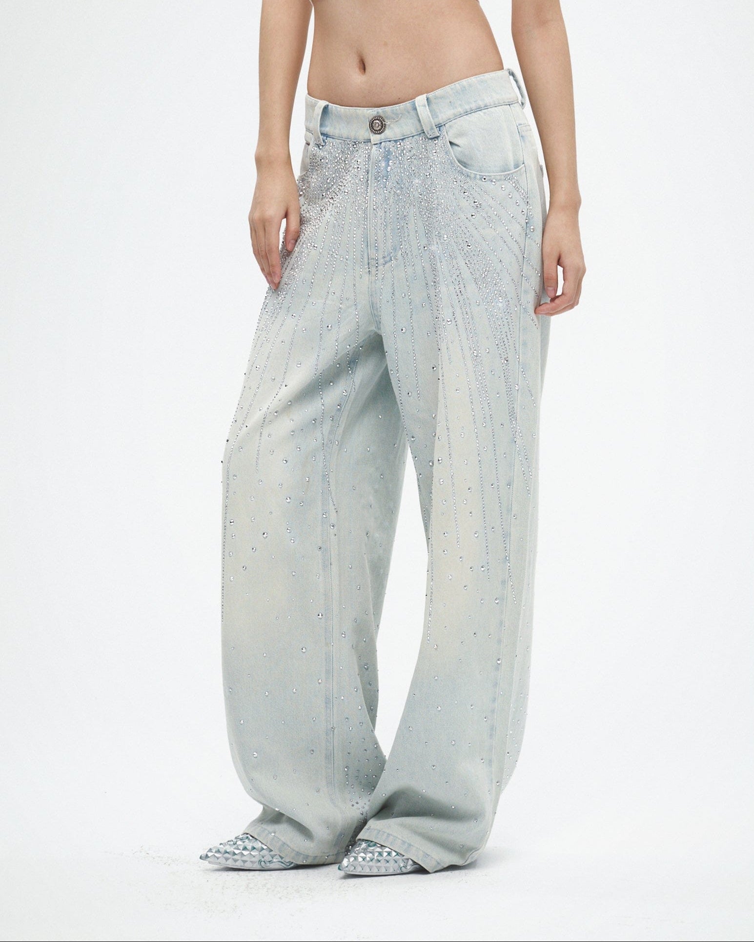 FAYCHUI Sparkly Diamond Denim Pants Light Blue
