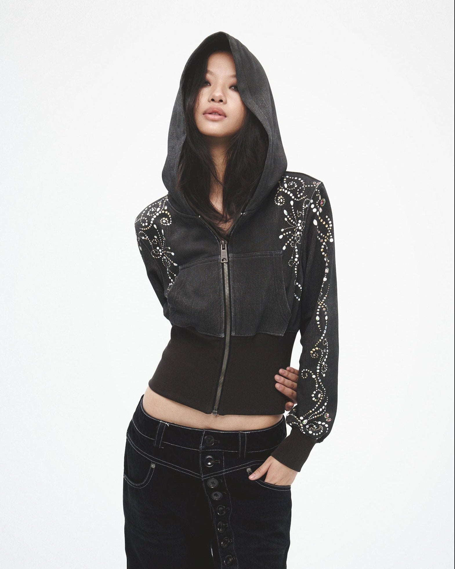 FAYCHUI Spiral Gem Studded Cropped Zip-Up Hoodie