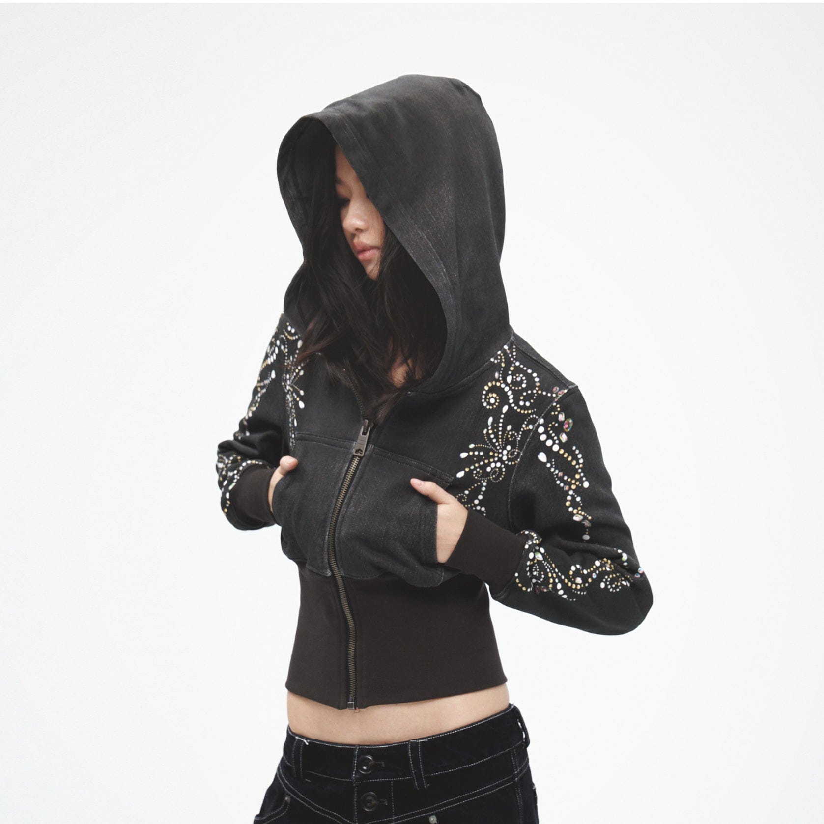 FAYCHUI Spiral Gem Studded Cropped Zip-Up Hoodie