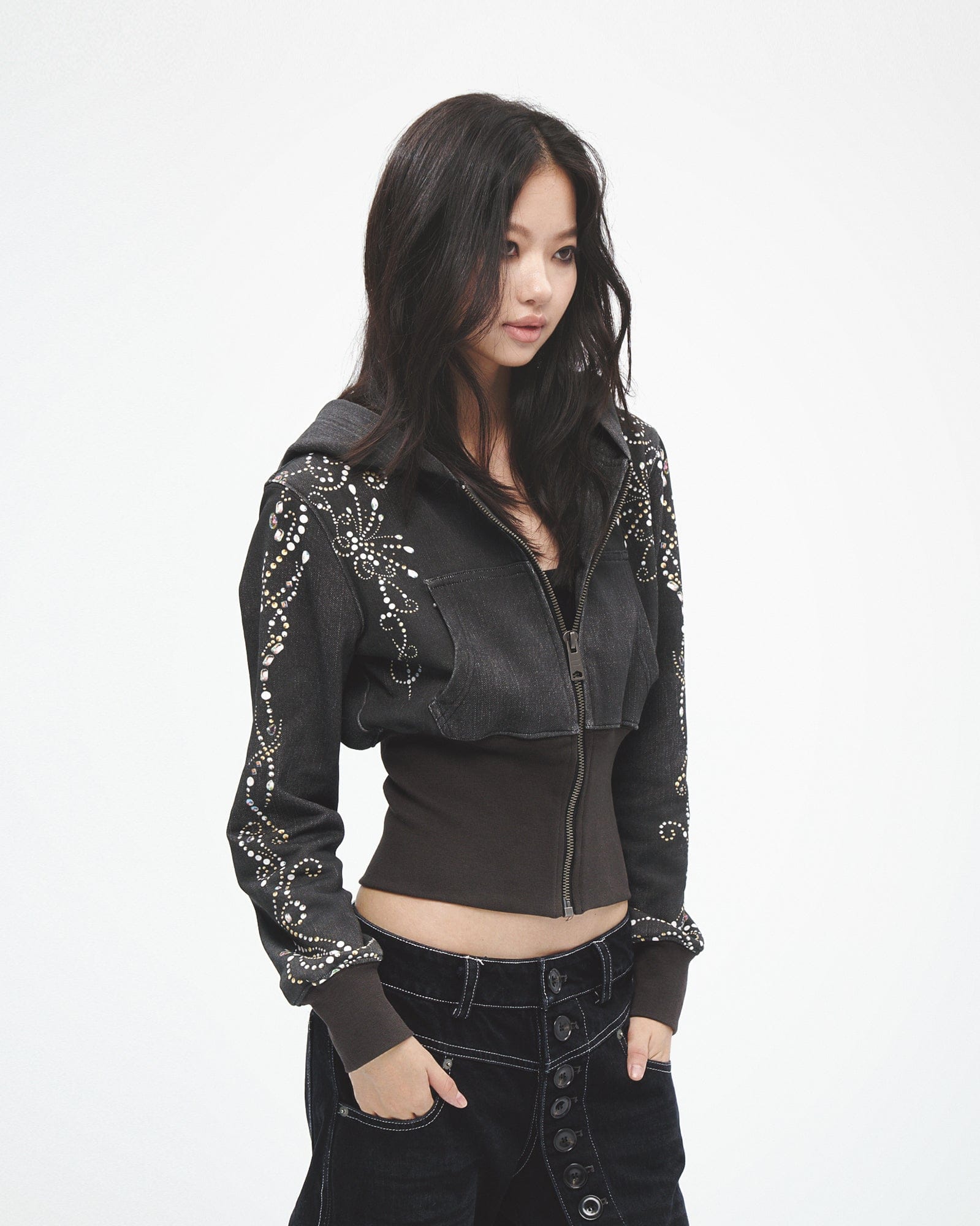 FAYCHUI Spiral Gem Studded Cropped Zip-Up Hoodie