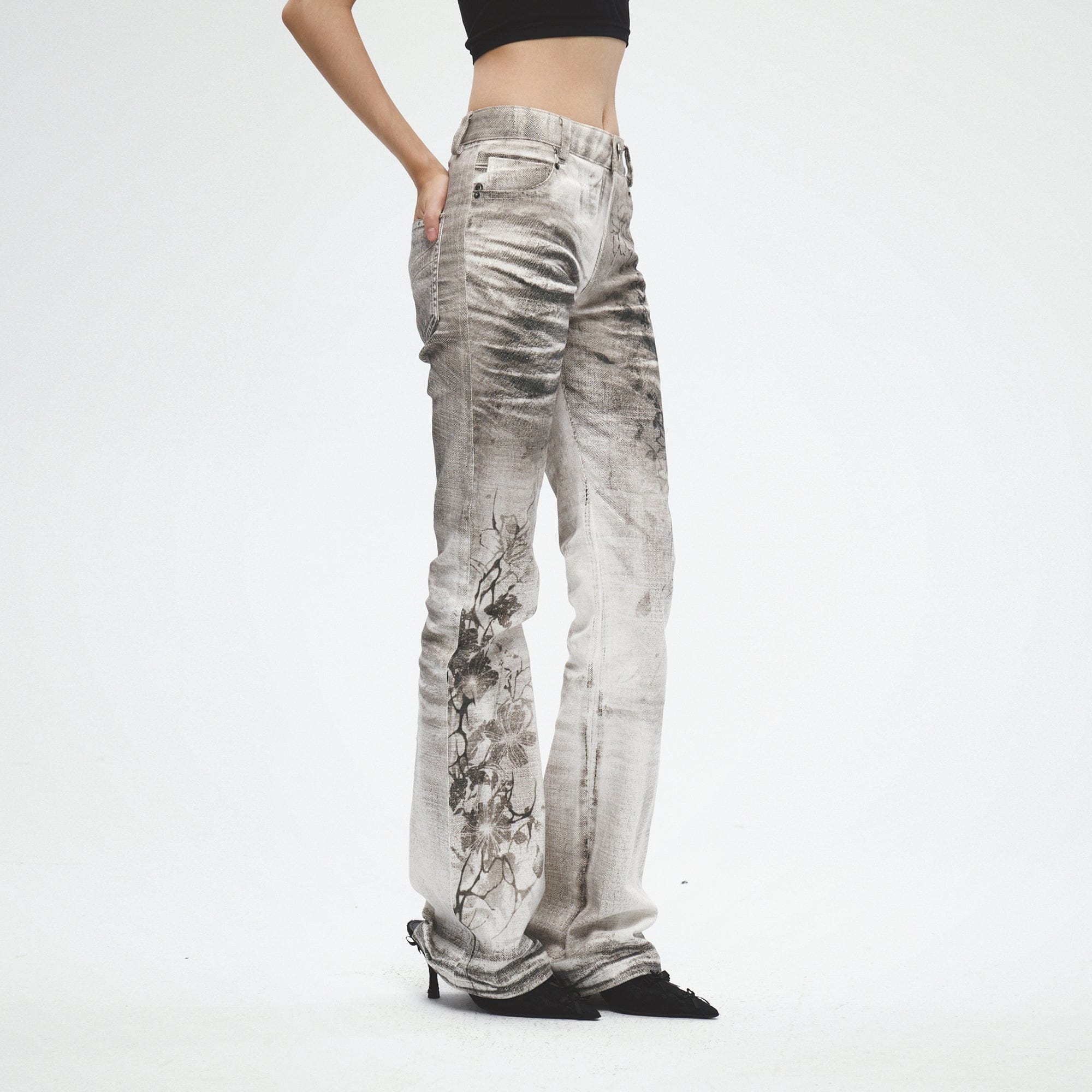 FAYCHUI Ink Floral  Dirty Fit Washed Jeans