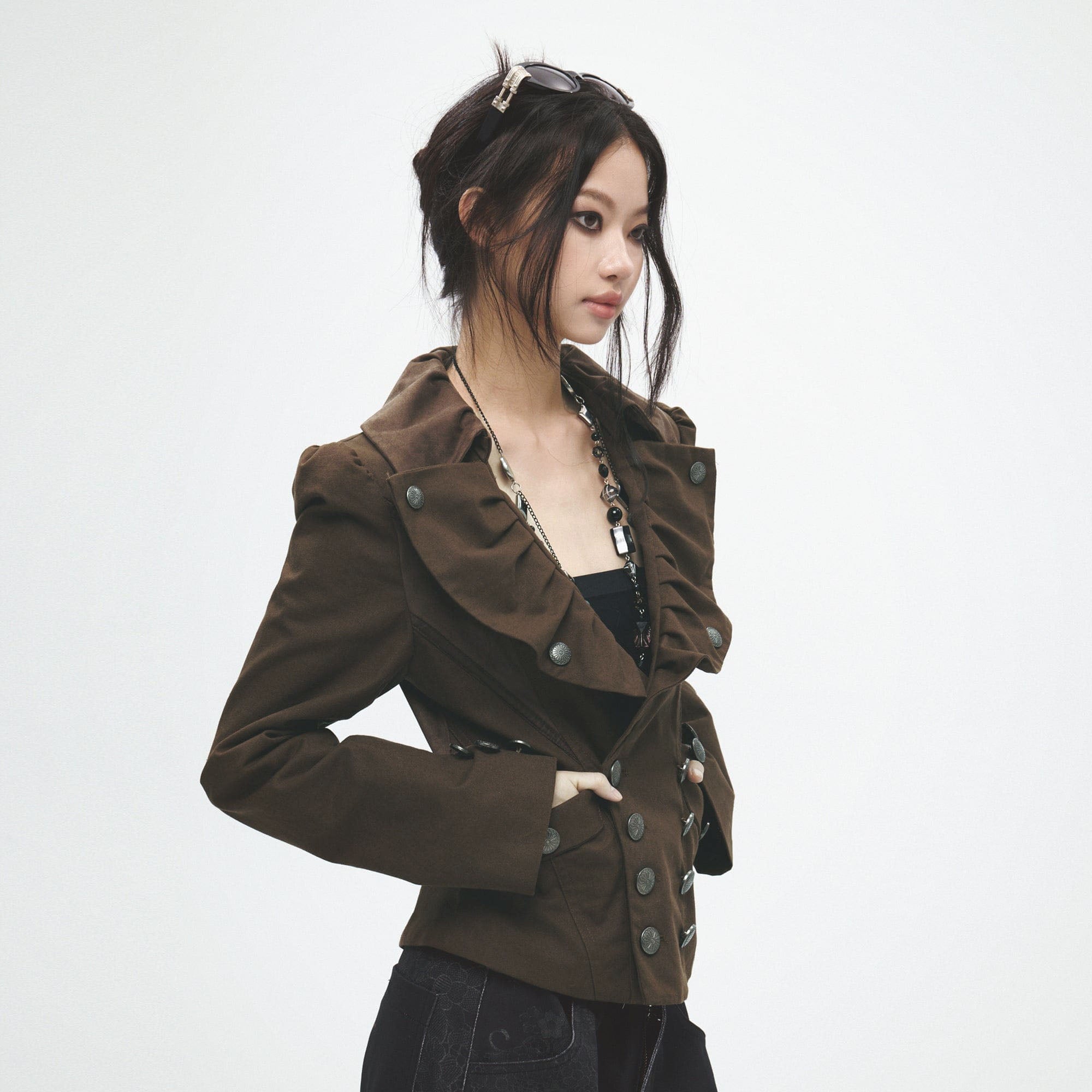 FAYCHUI Retro Pleated Ruffle Collar Jacket