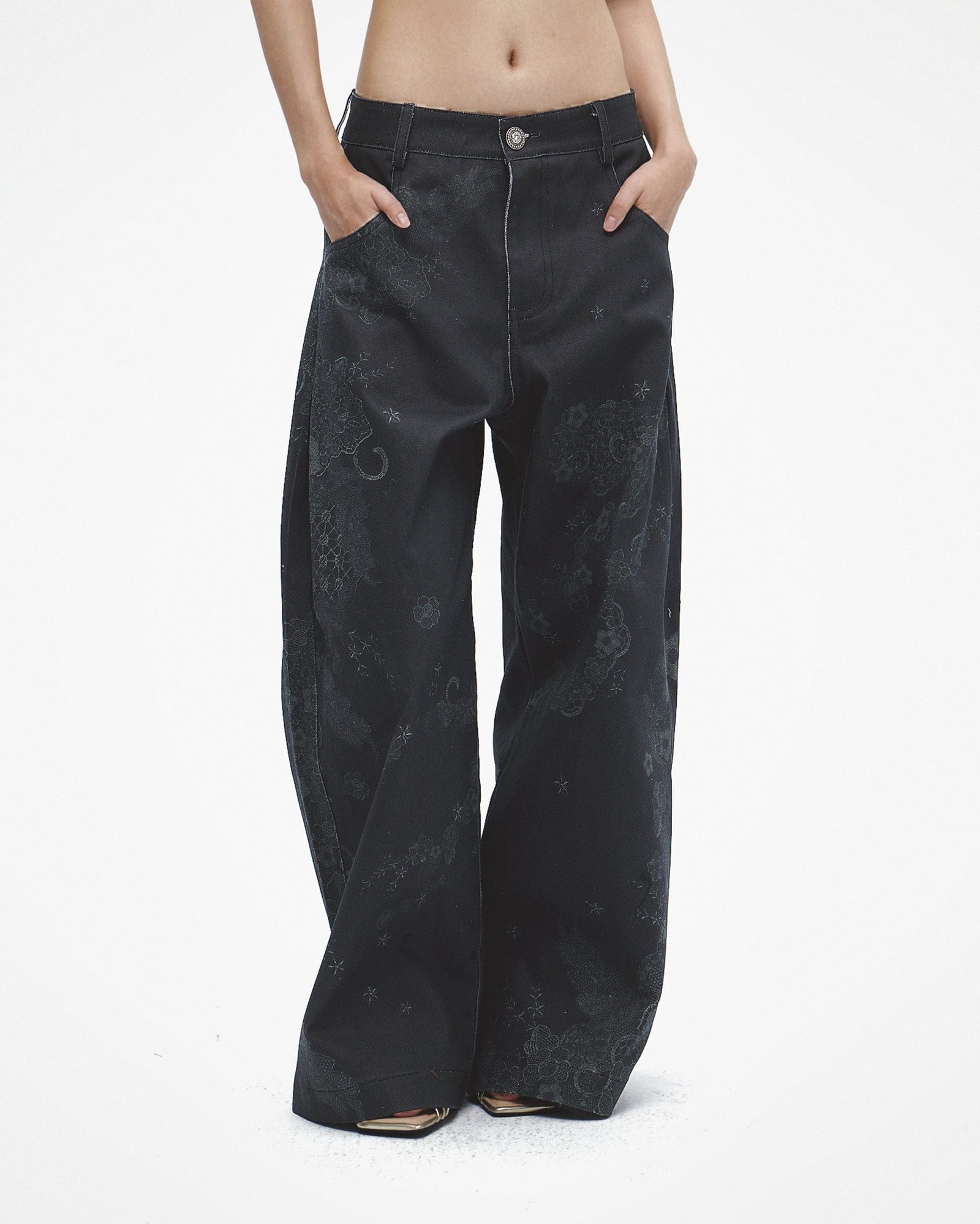 FAYCHUI Lace Graphics Wide-Leg Jeans Black