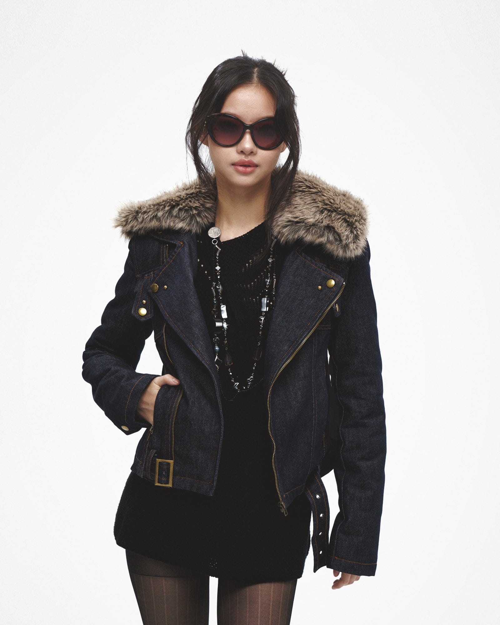 FAYCHUI Faux Fur Collar Asymmetric Denim Jacket