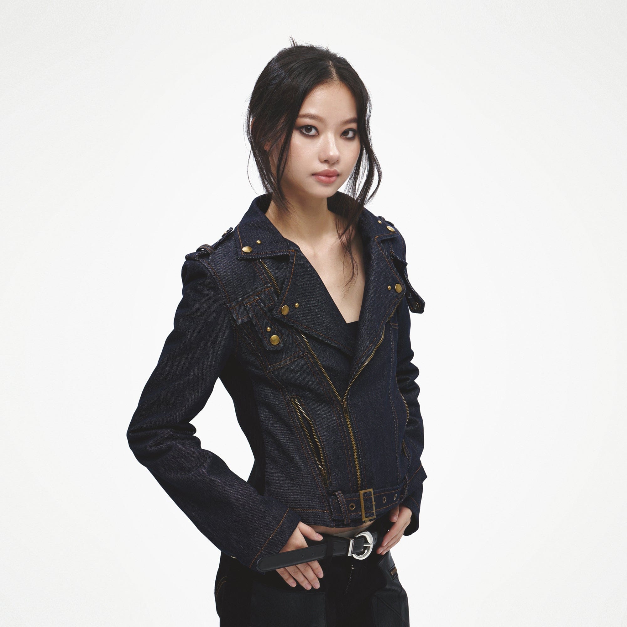 FAYCHUI Faux Fur Collar Asymmetric Denim Jacket