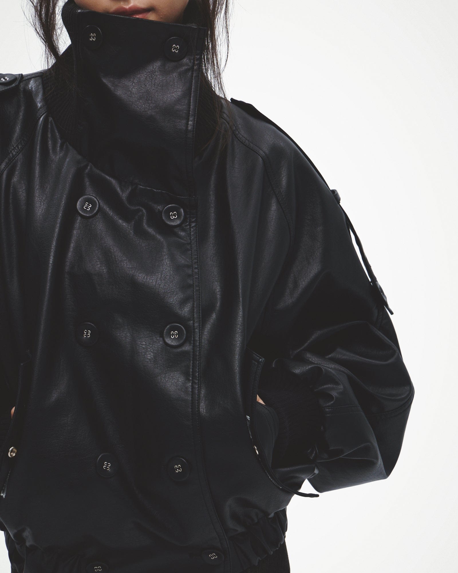 FAYCHUI Double-Breasted Faux Leather Jacket