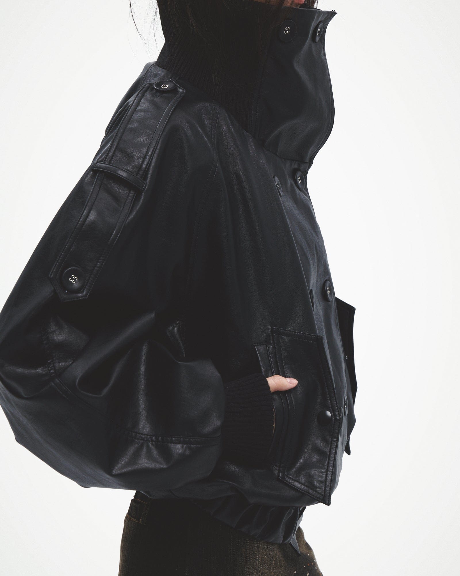 FAYCHUI Double-Breasted Faux Leather Jacket