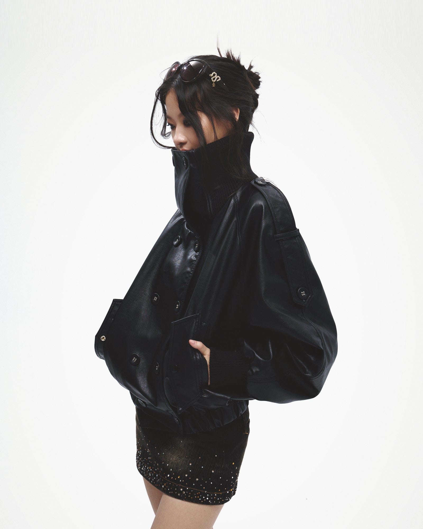 FAYCHUI Double-Breasted Faux Leather Jacket