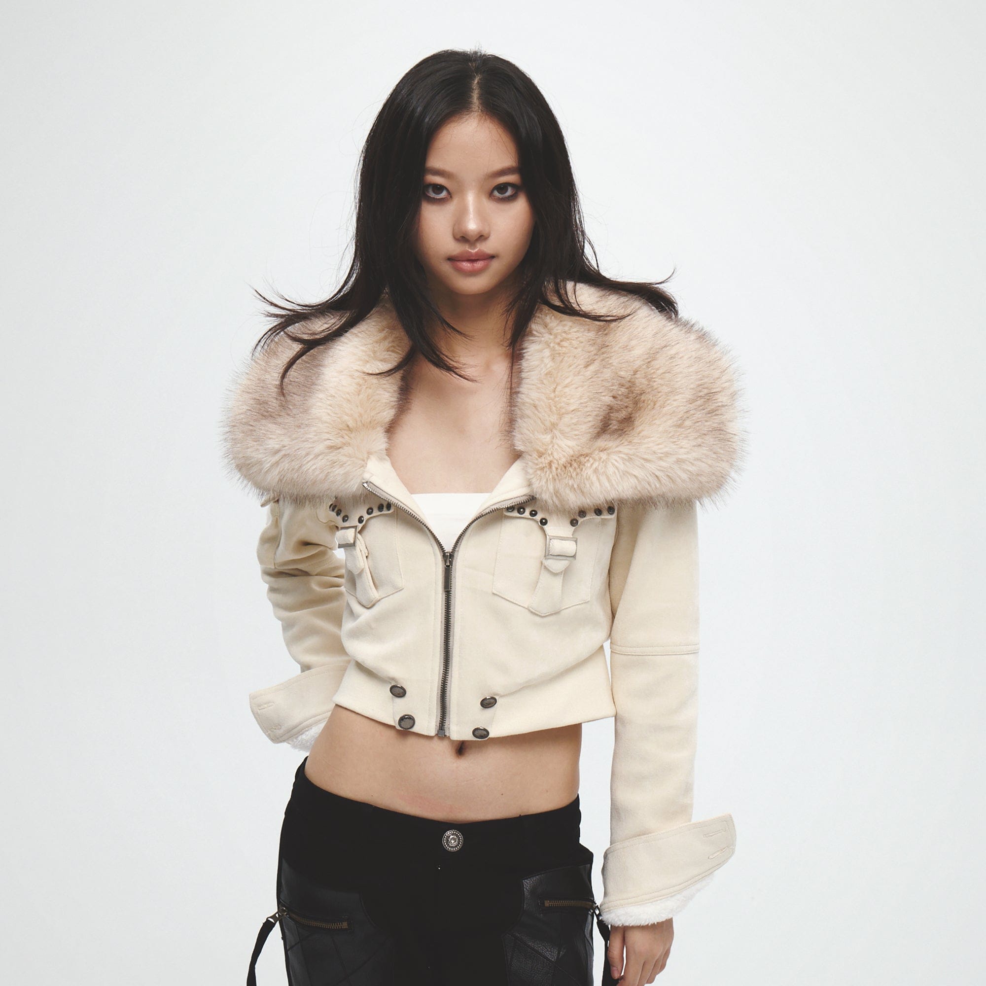 FAYCHUI Faux Fur Collar Studded Cropped Jacket