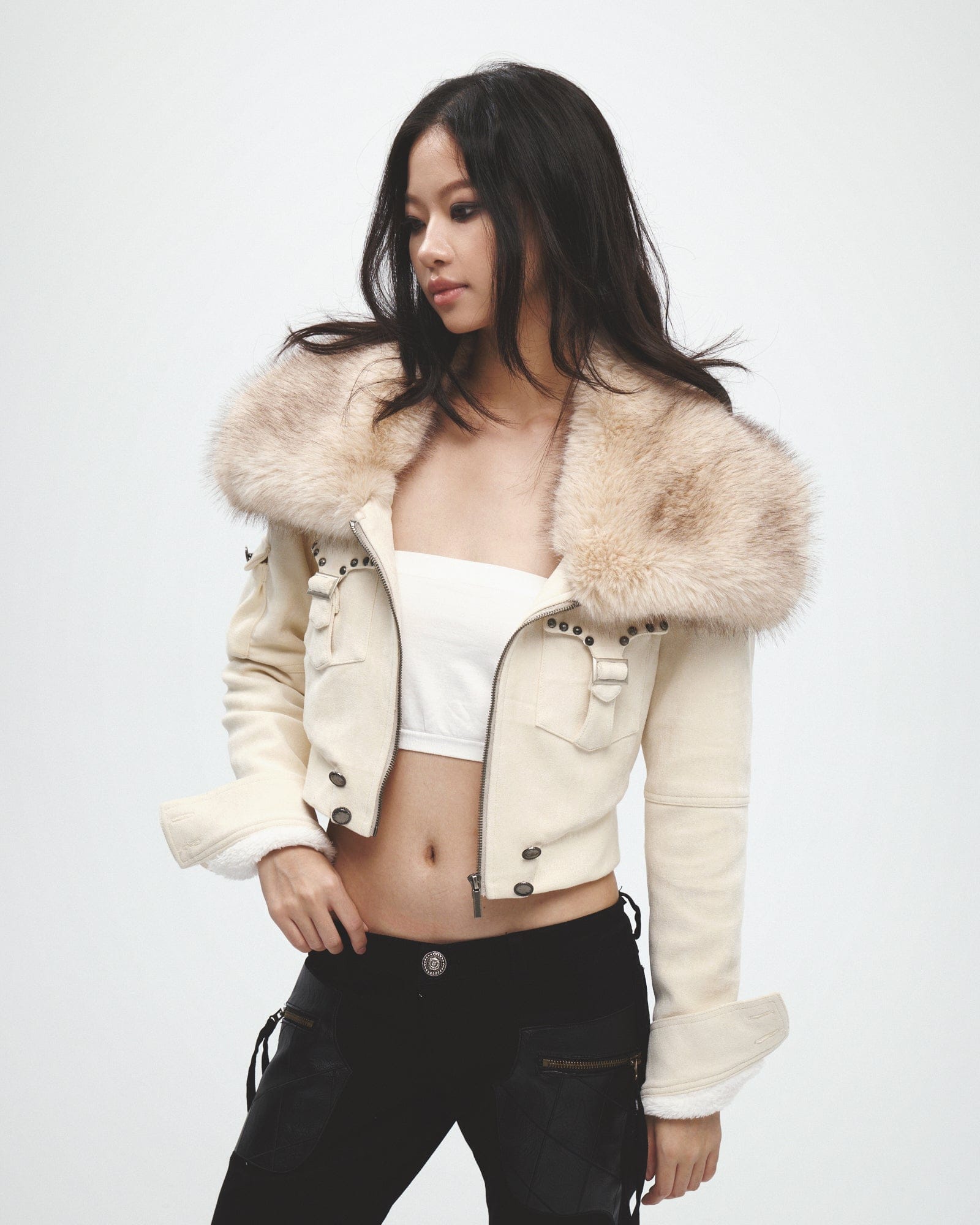 FAYCHUI Faux Fur Collar Studded Cropped Jacket