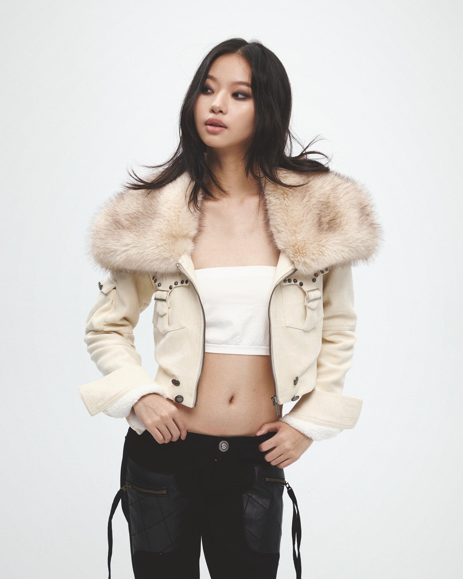 FAYCHUI Faux Fur Collar Studded Cropped Jacket