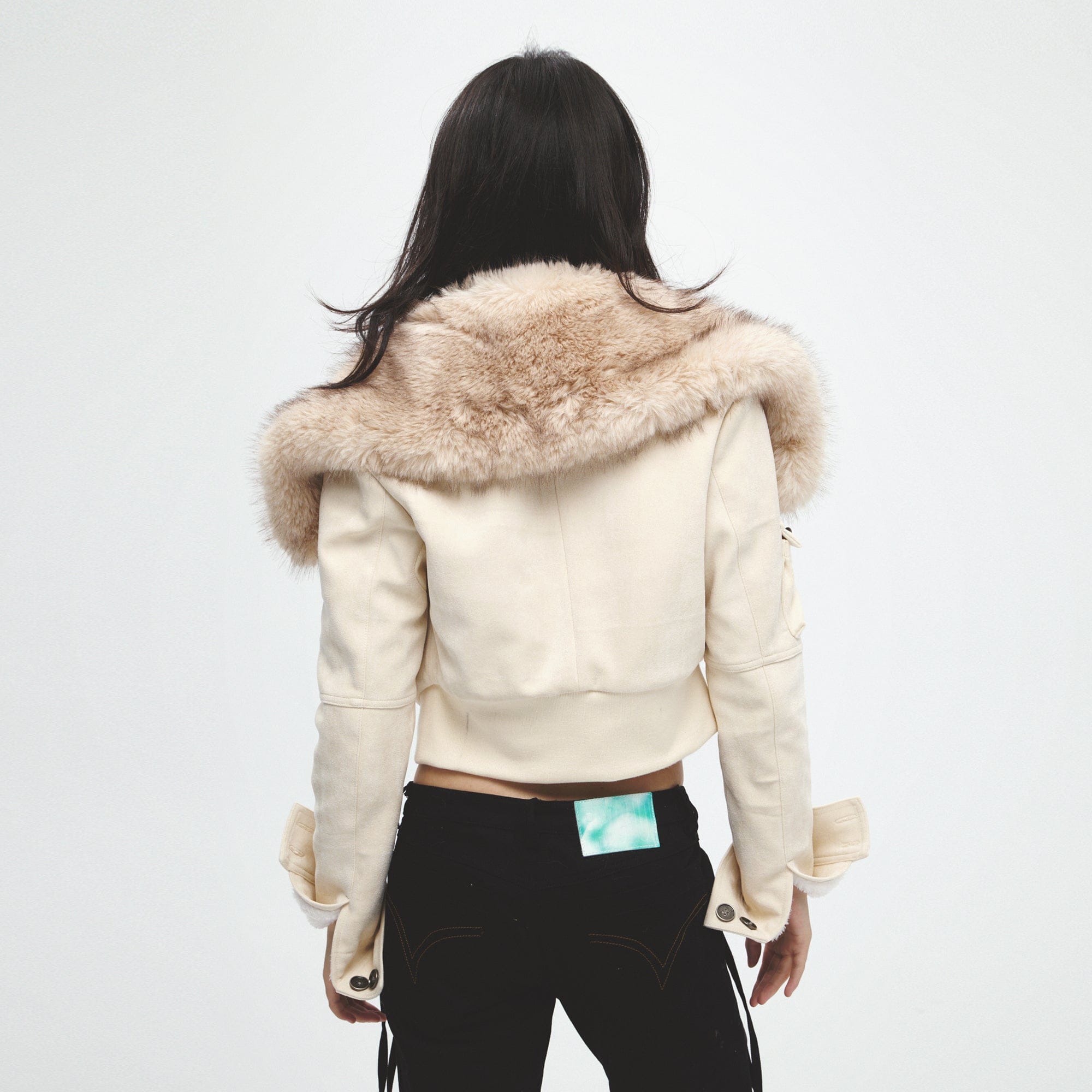 FAYCHUI Faux Fur Collar Studded Cropped Jacket