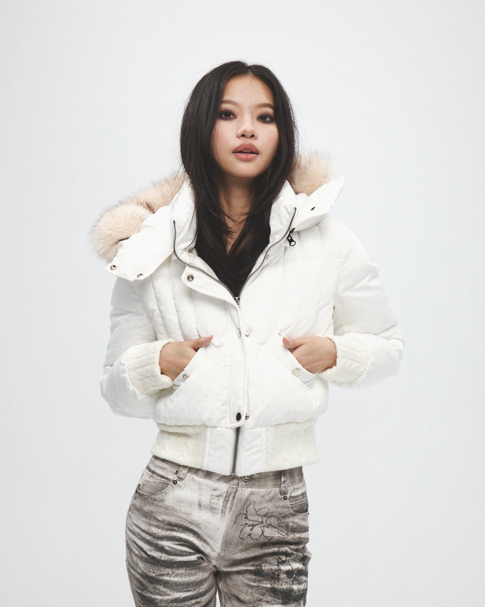 FAYCHUI Fur-Lined Hooded Polka Dot Duck Down Jacket