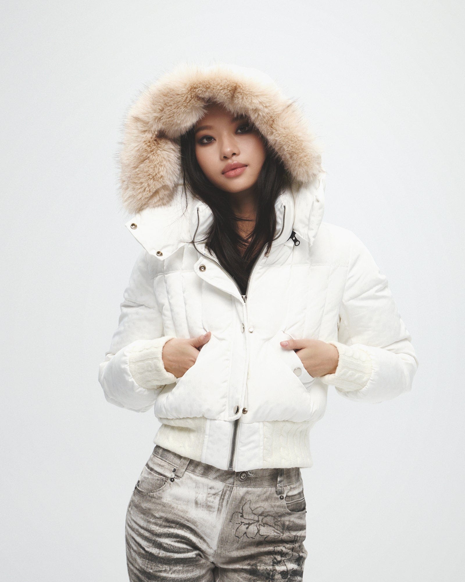 FAYCHUI Fur-Lined Hooded Polka Dot Duck Down Jacket