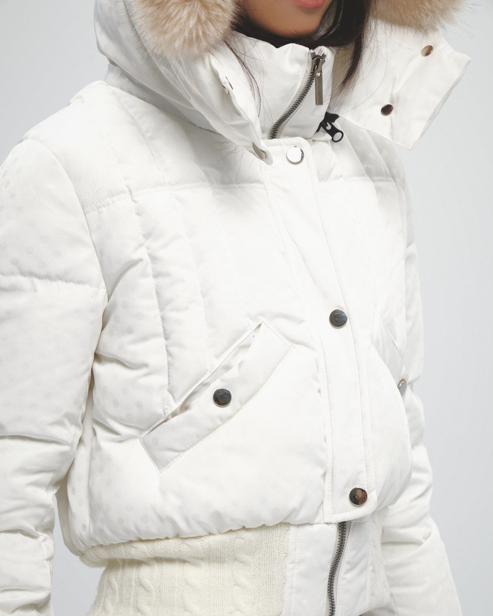 FAYCHUI Fur-Lined Hooded Polka Dot Duck Down Jacket